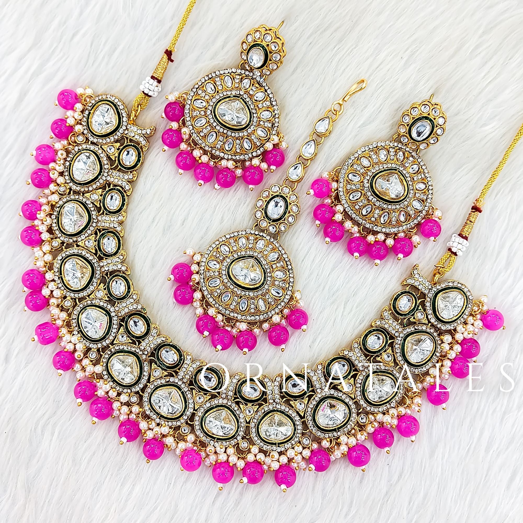 Royal Pink Kundan Necklace Set featuring Heritage Polki Charm design with teardrop kundan and pearl fringe – Perfect for Bridal Look – Ornatales