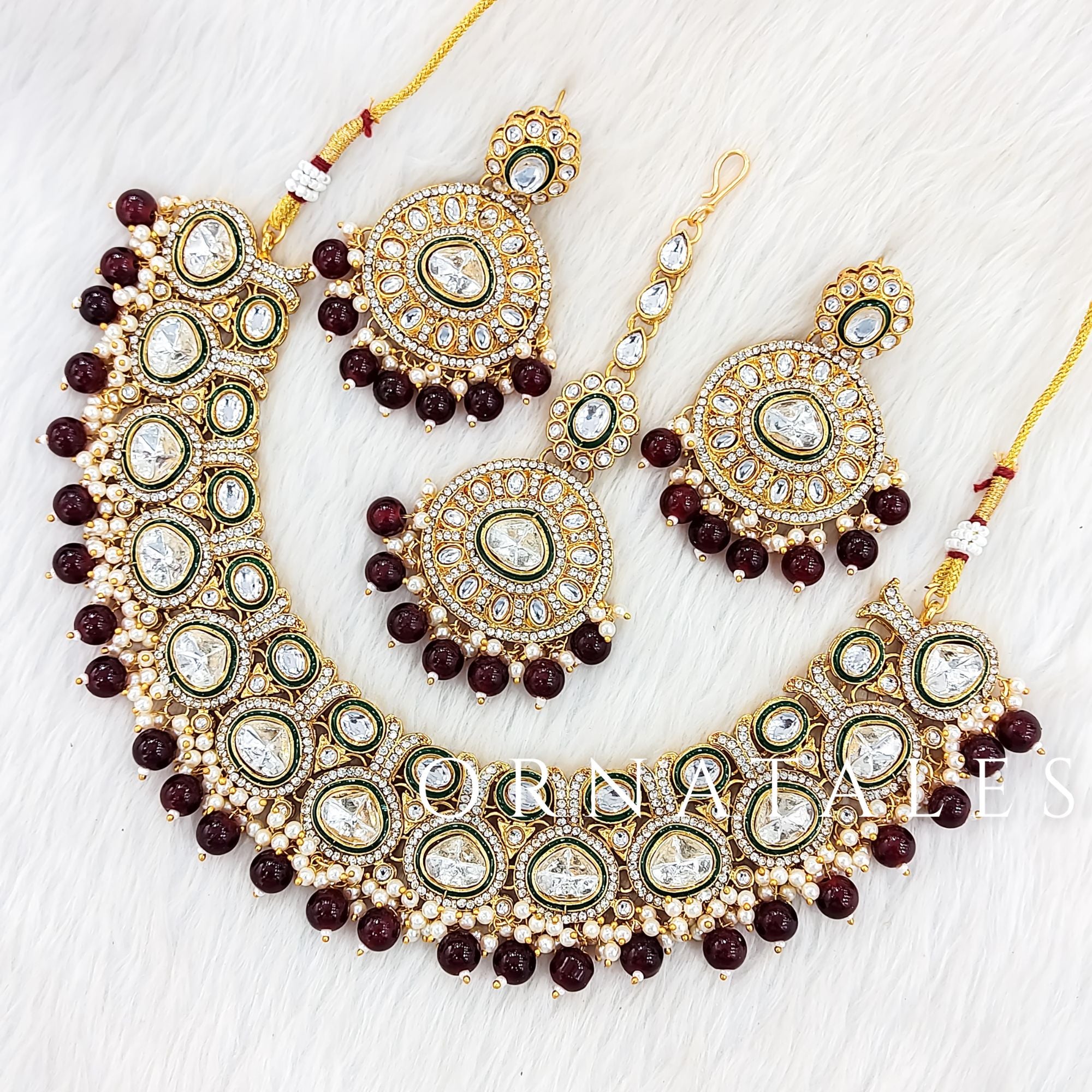 Maroon Pearl Kundan Necklace Set featuring Heritage Polki Charm design with teardrop kundan and pearl fringe – Perfect for Bridal Look – Ornatales