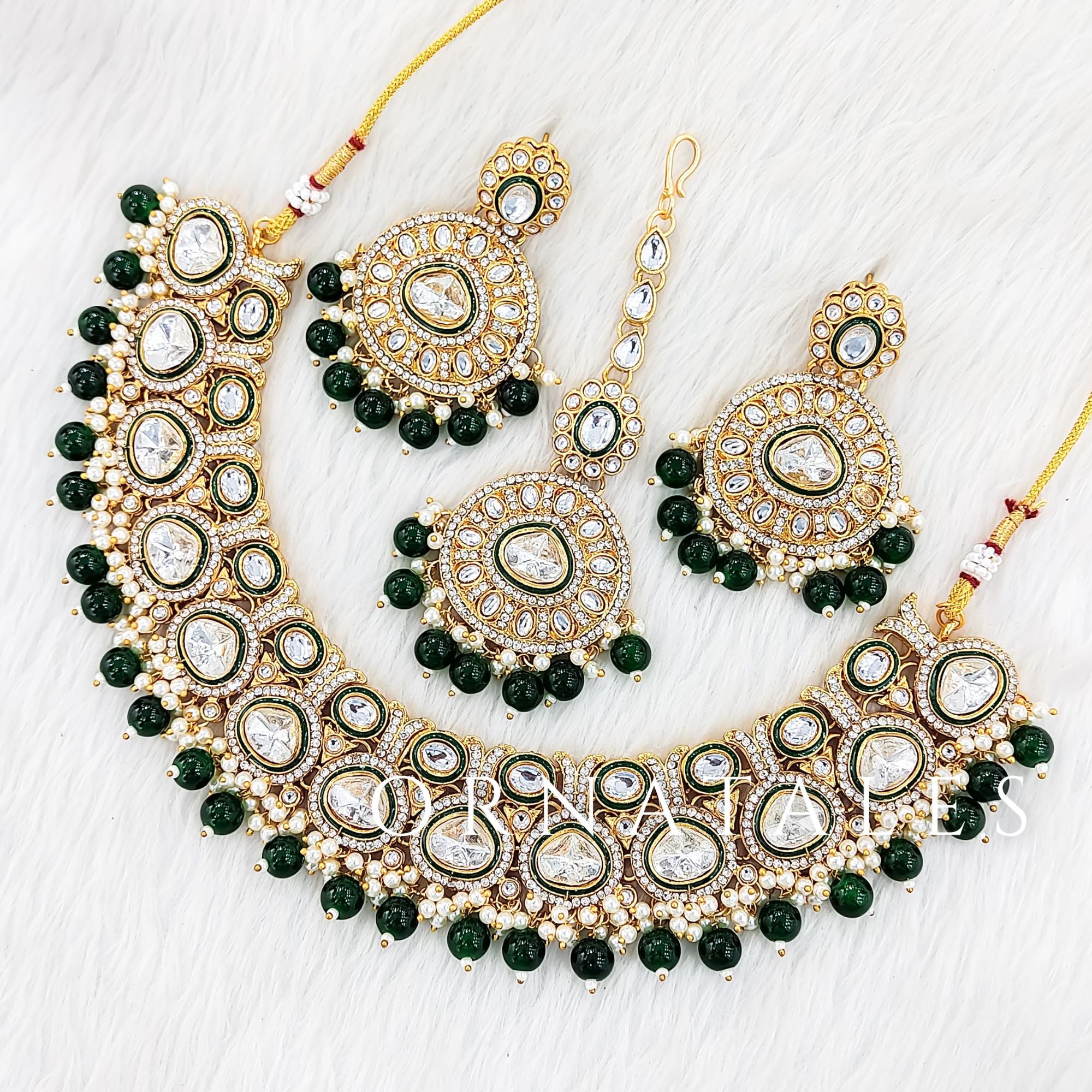 Emerald Green Kundan Necklace Set featuring Heritage Polki Charm design with teardrop kundan and pearl fringe – Perfect for Wedding Look – Ornatales