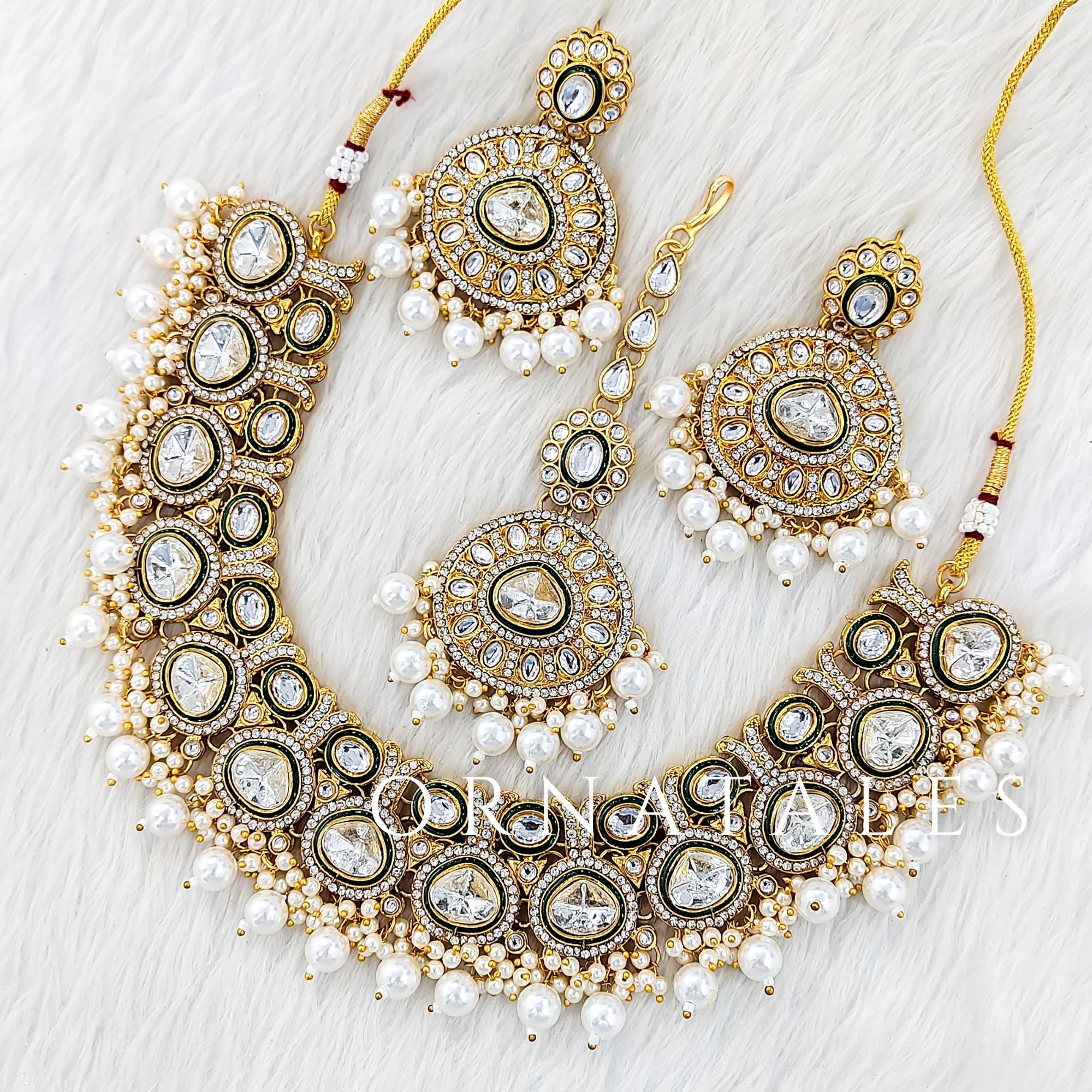 White Kundan Necklace Set featuring Heritage Polki Charm design with teardrop kundan and pearl fringe – Perfect for Bridal Look – Ornatales