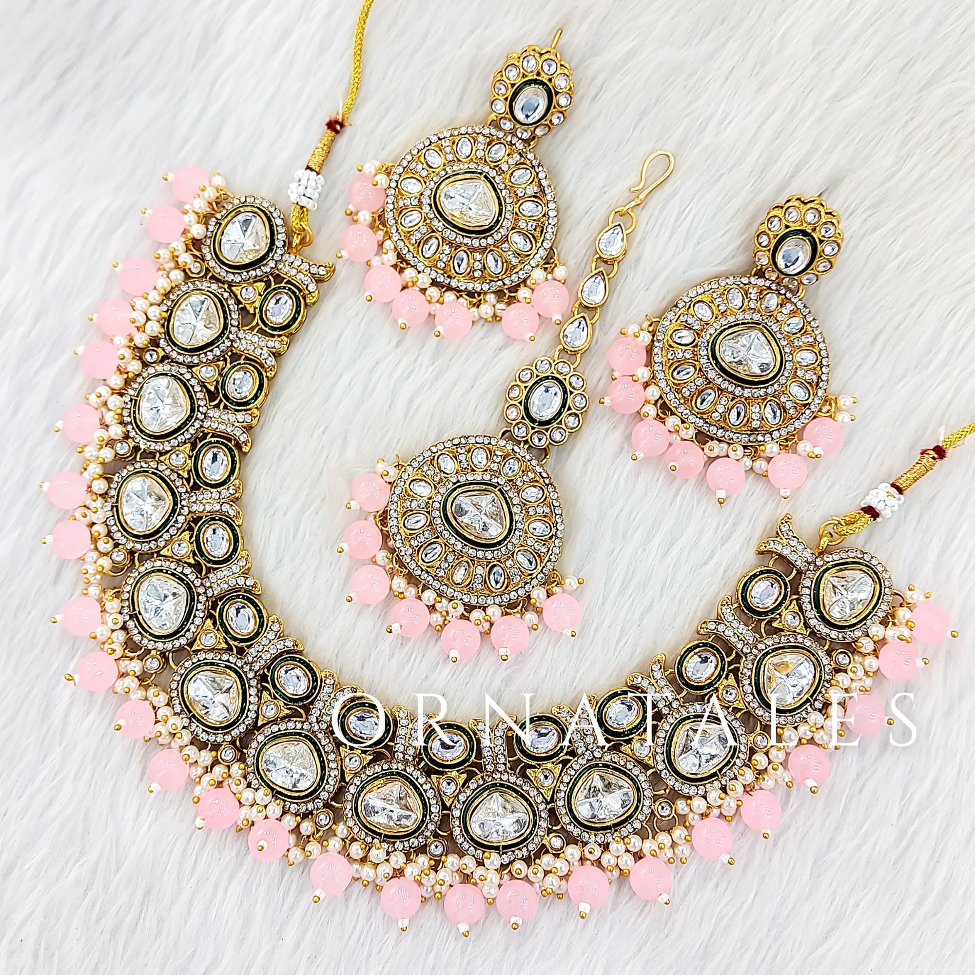 Soft Pink Kundan Necklace Set featuring Heritage Polki Charm design with teardrop kundan and pearl fringe – Perfect for Wedding Look – Ornatales