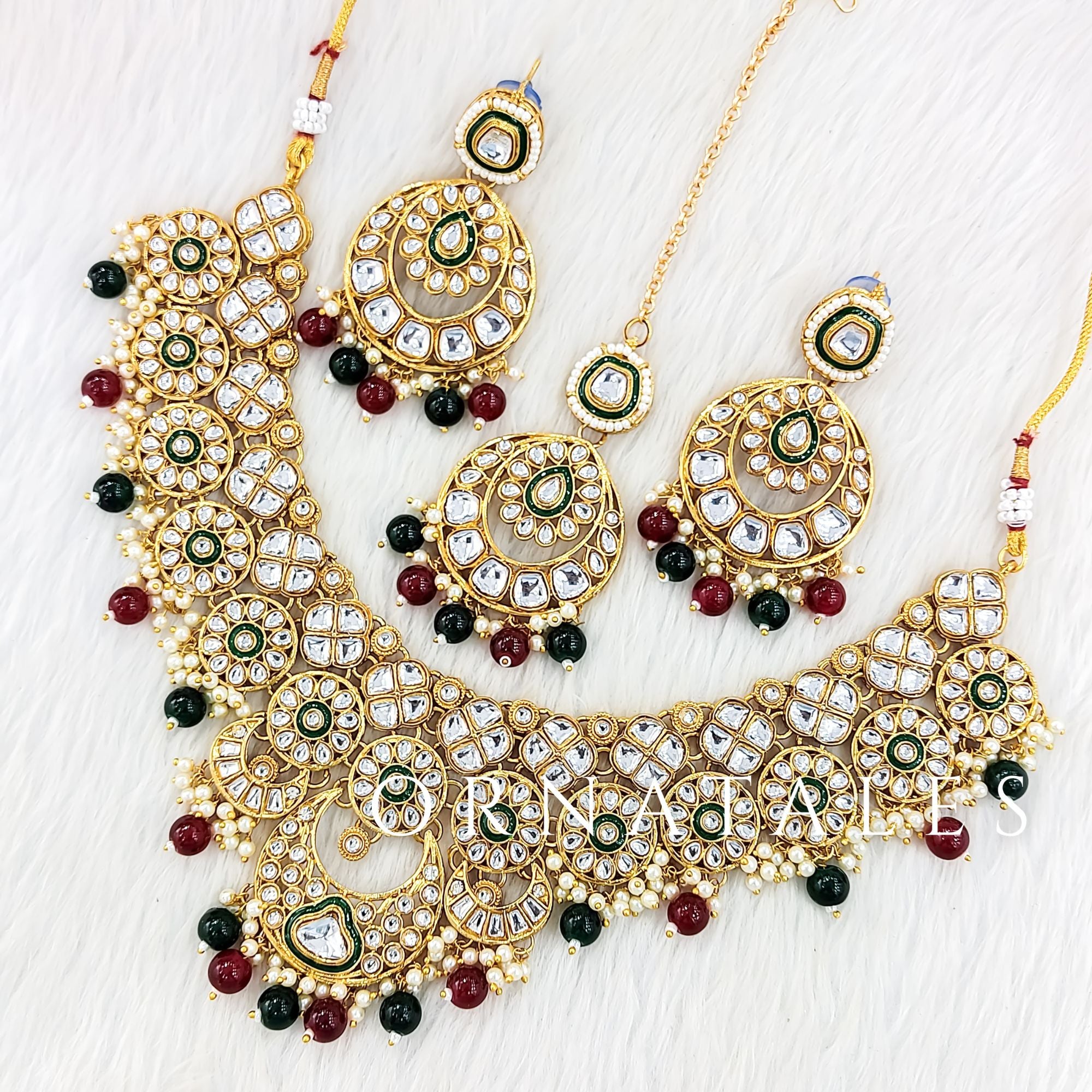 Emerald Green & Maroon Pearl Kundan Necklace Set featuring Meenakari Blossom design with floral kundan motif – Perfect for Festive Look – Ornatales