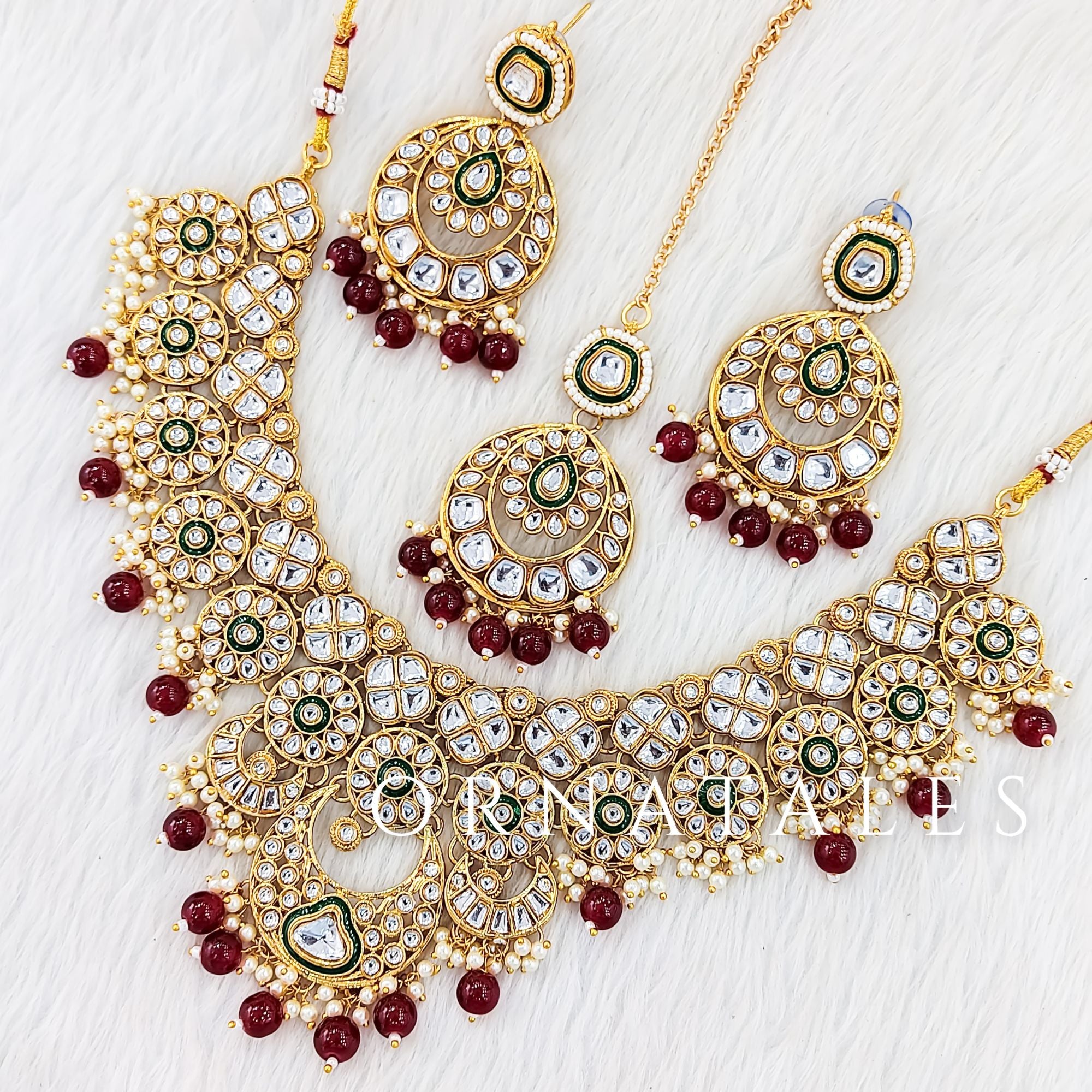Maroon Pearl Kundan Necklace Set featuring Meenakari Blossom design with floral kundan motif – Perfect for Festive Look – Ornatales
