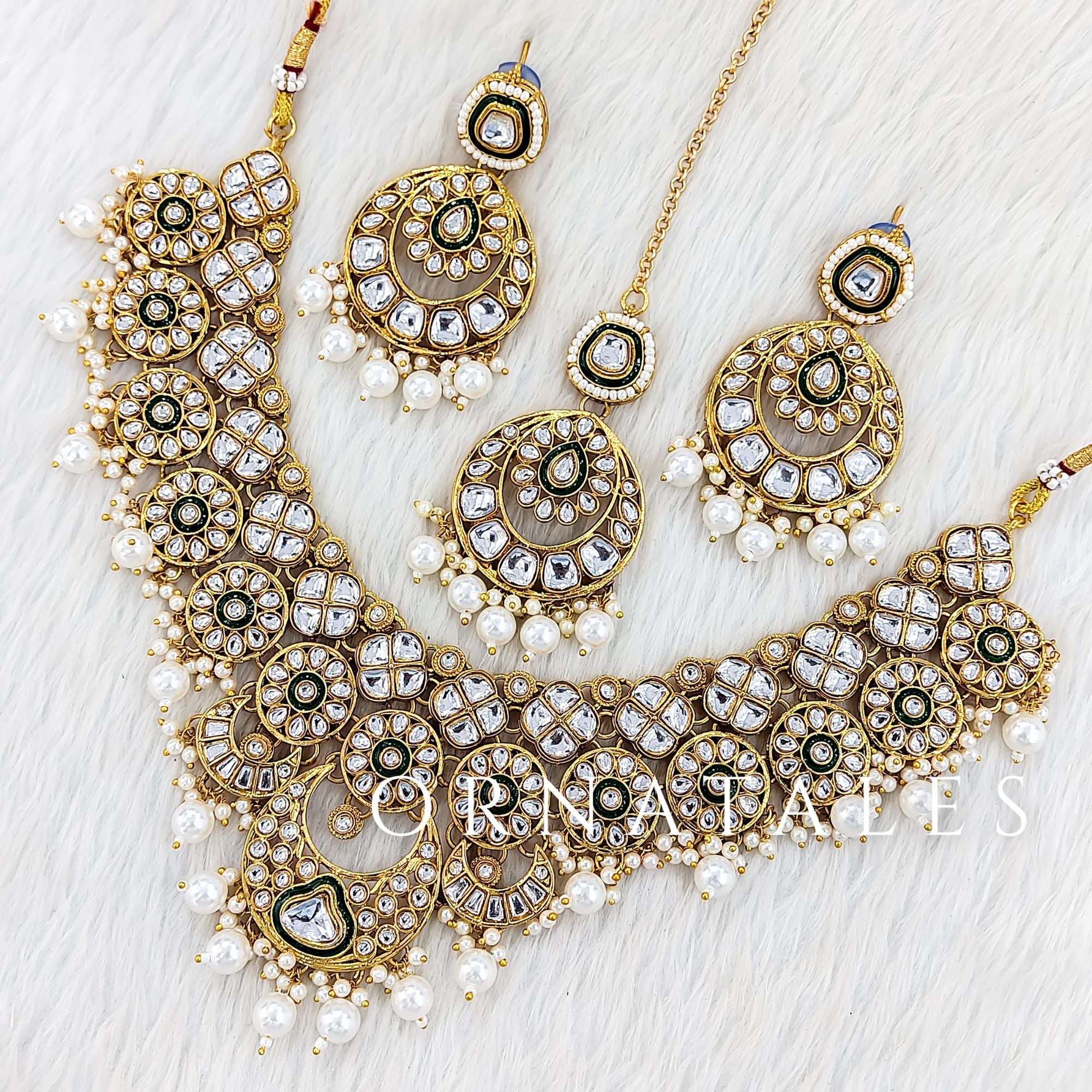 White Pearl Kundan Necklace Set featuring Meenakari Blossom design with floral kundan motif – Perfect for Festive Look – Ornatales