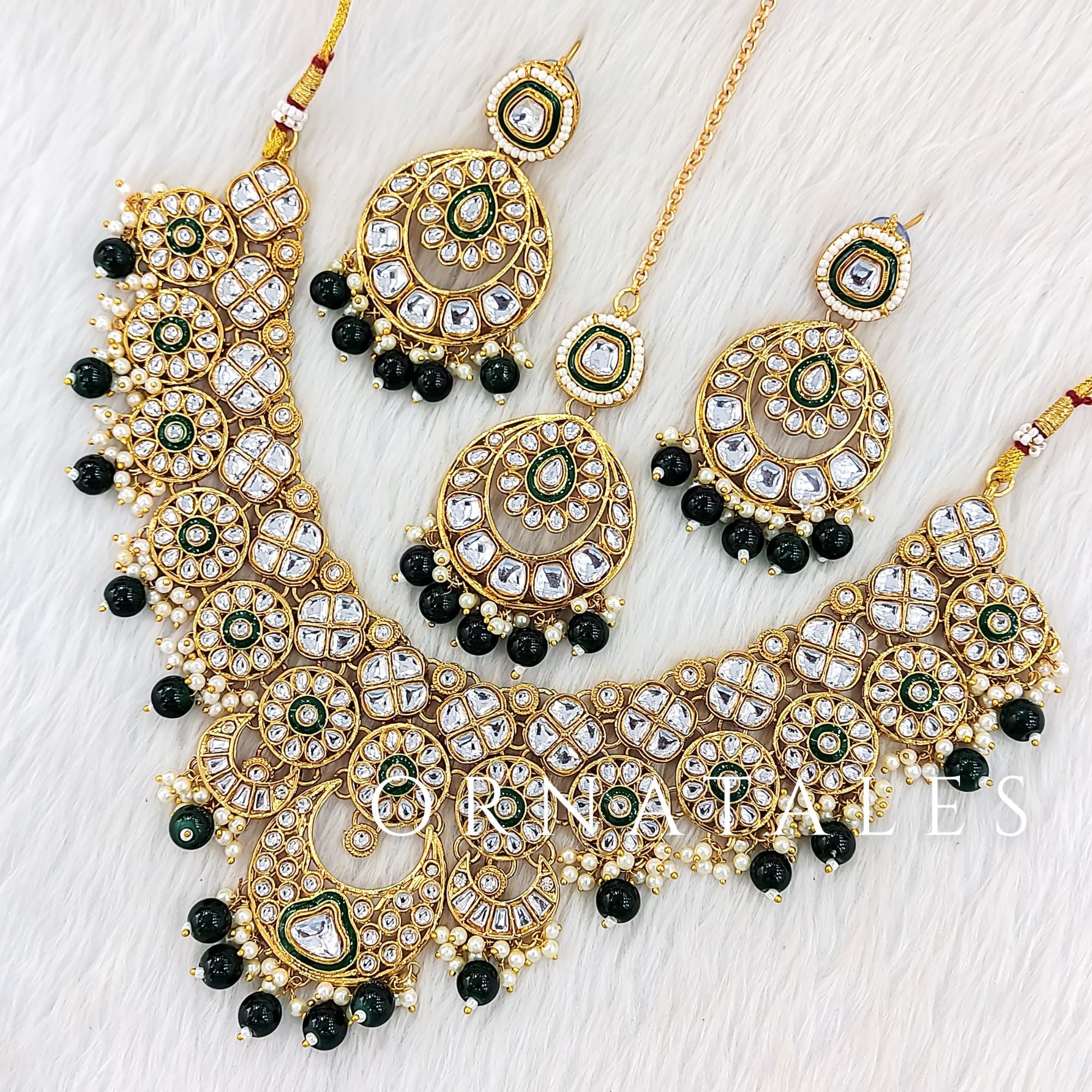 Emerald Green Pearl Kundan Necklace Set – Meenakari Blossom Design