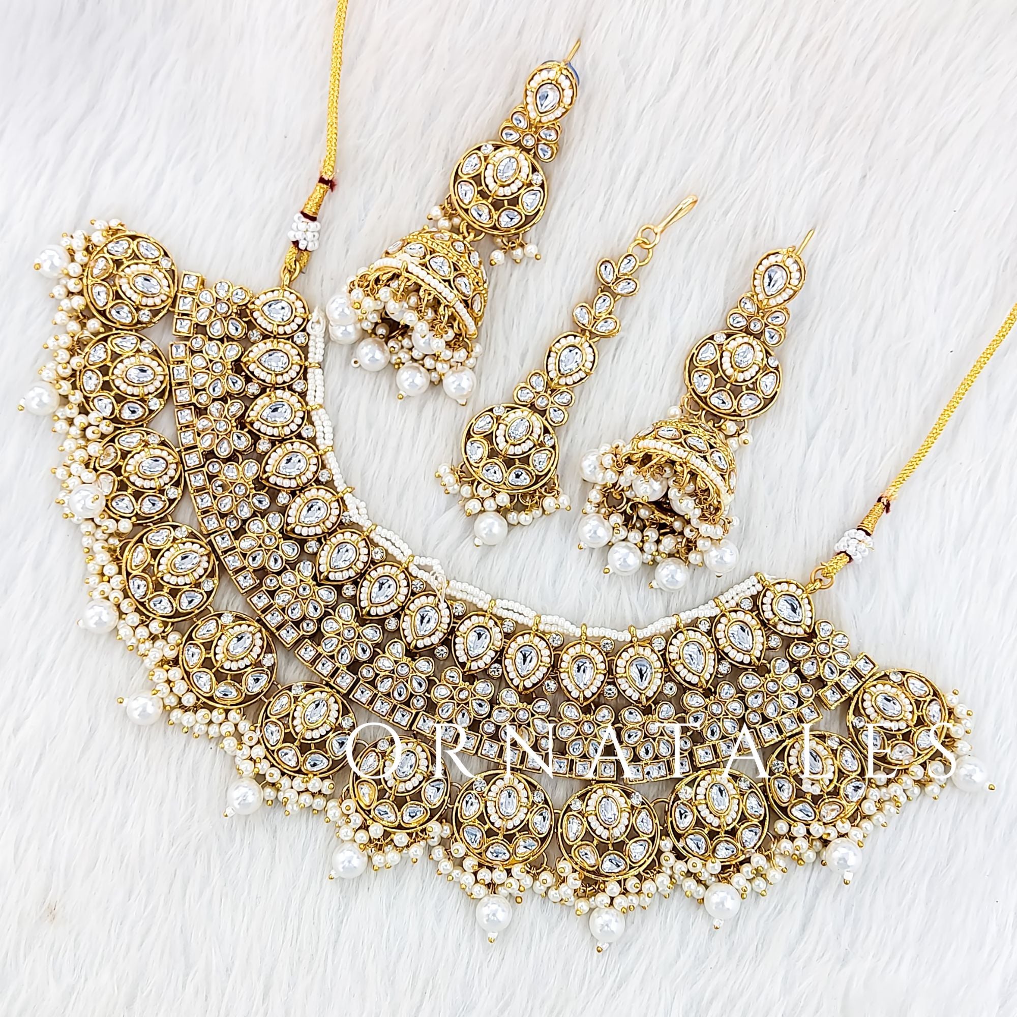 White Pearl Kundan Necklace Set featuring Grand Maharani design with layered kundan & pearl detailing – Perfect for Bridal & Festive Look – Ornatales
