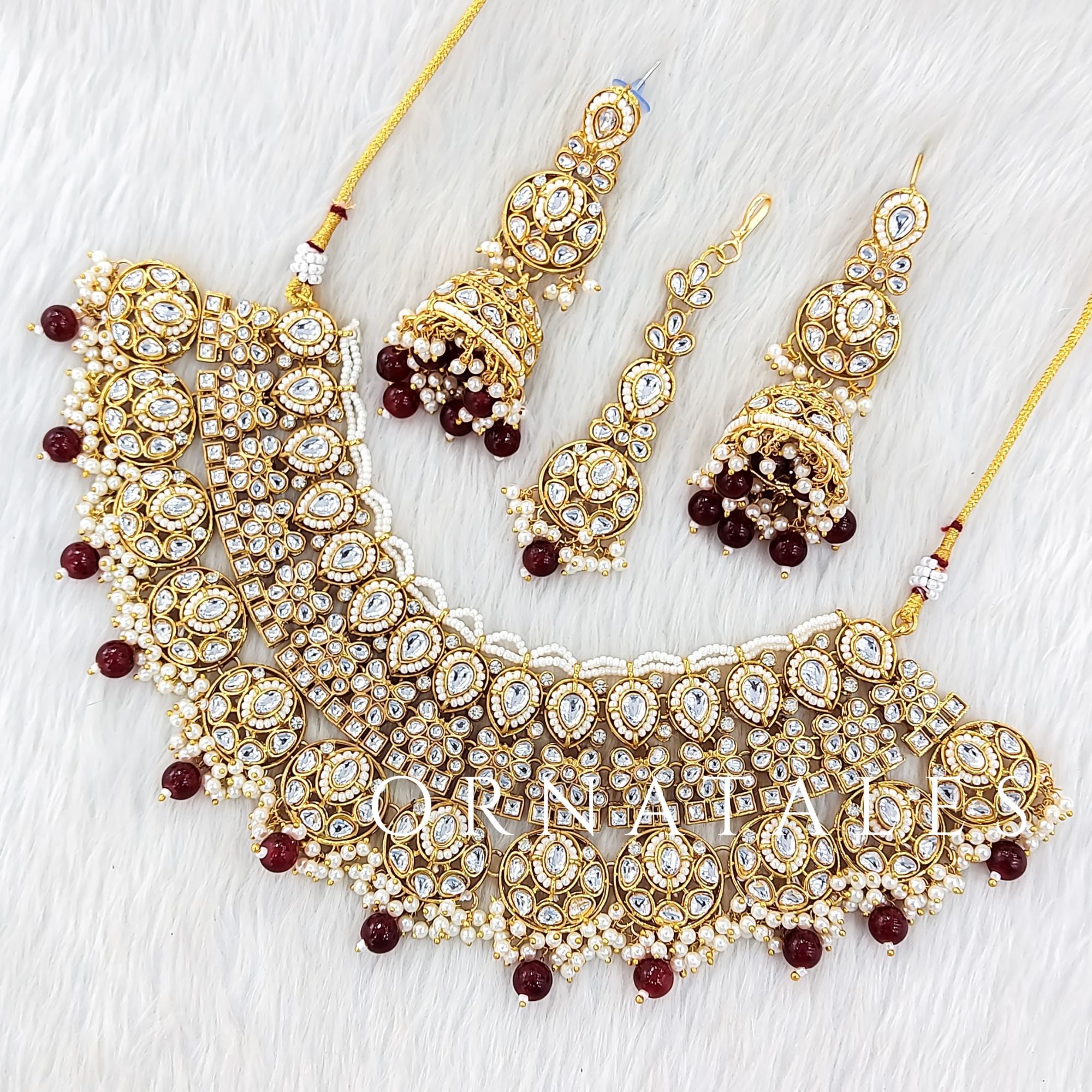 Maroon Pearl Kundan Necklace Set featuring Grand Maharani design with layered kundan & pearl detailing – Perfect for Bridal & Festive Look – Ornatales