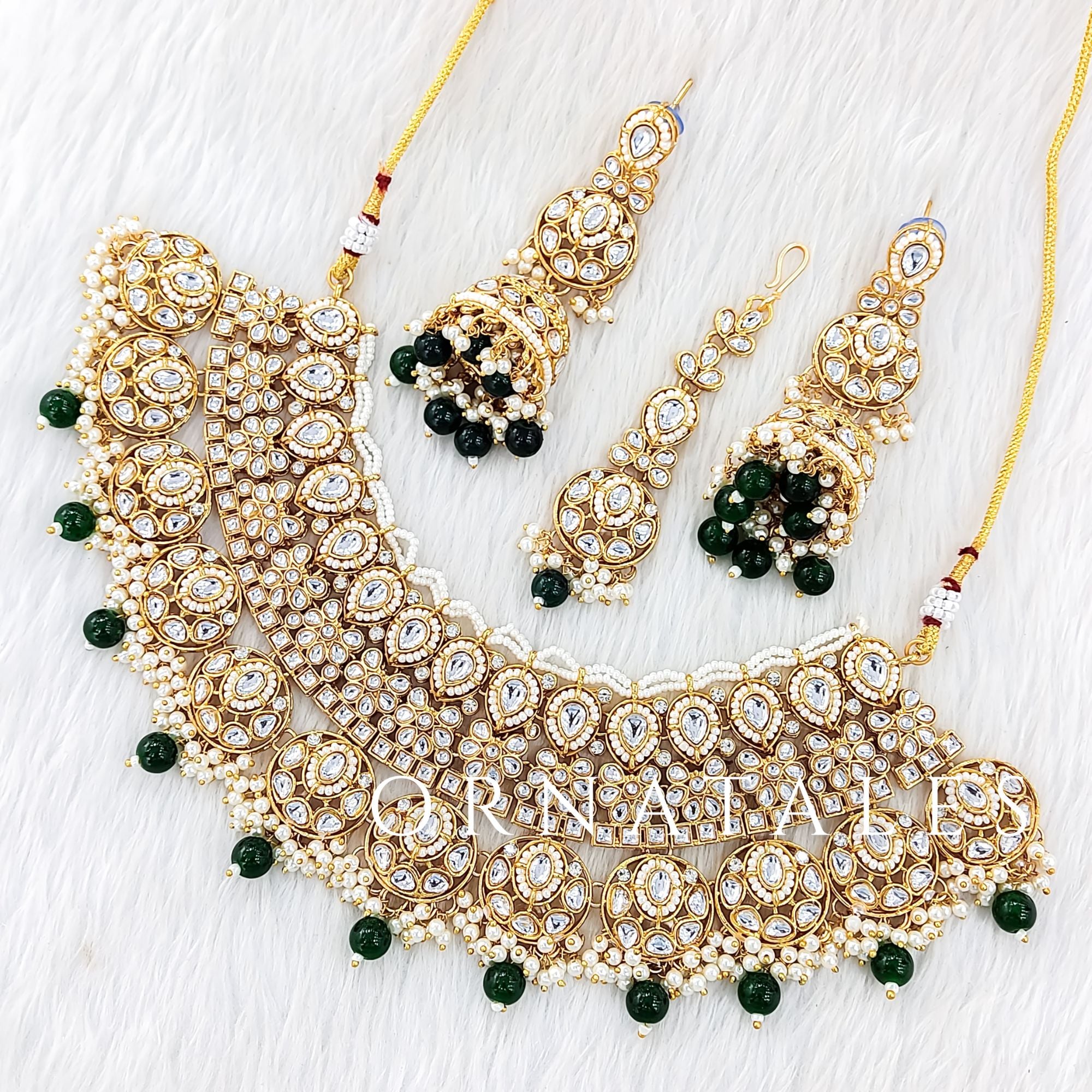 Emerald Green Pearl Kundan Necklace Set featuring Grand Maharani design with layered kundan & pearl detailing – Perfect for Bridal & Festive Look – Ornatales