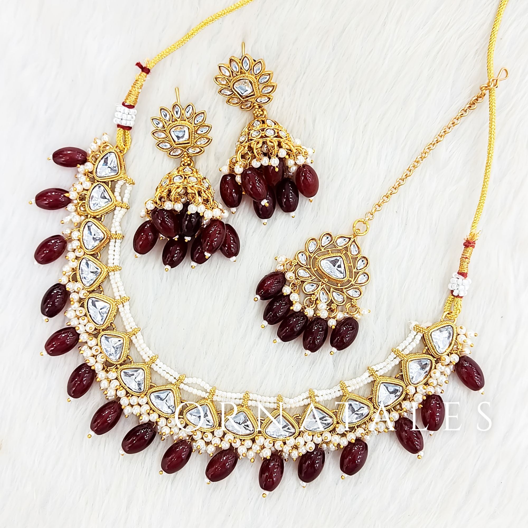 Maroon Pearl Kundan Necklace Set featuring Lotus Radiance design with heart-shaped kundan & pearl border – Perfect for Festive & Bridal Look – Ornatales