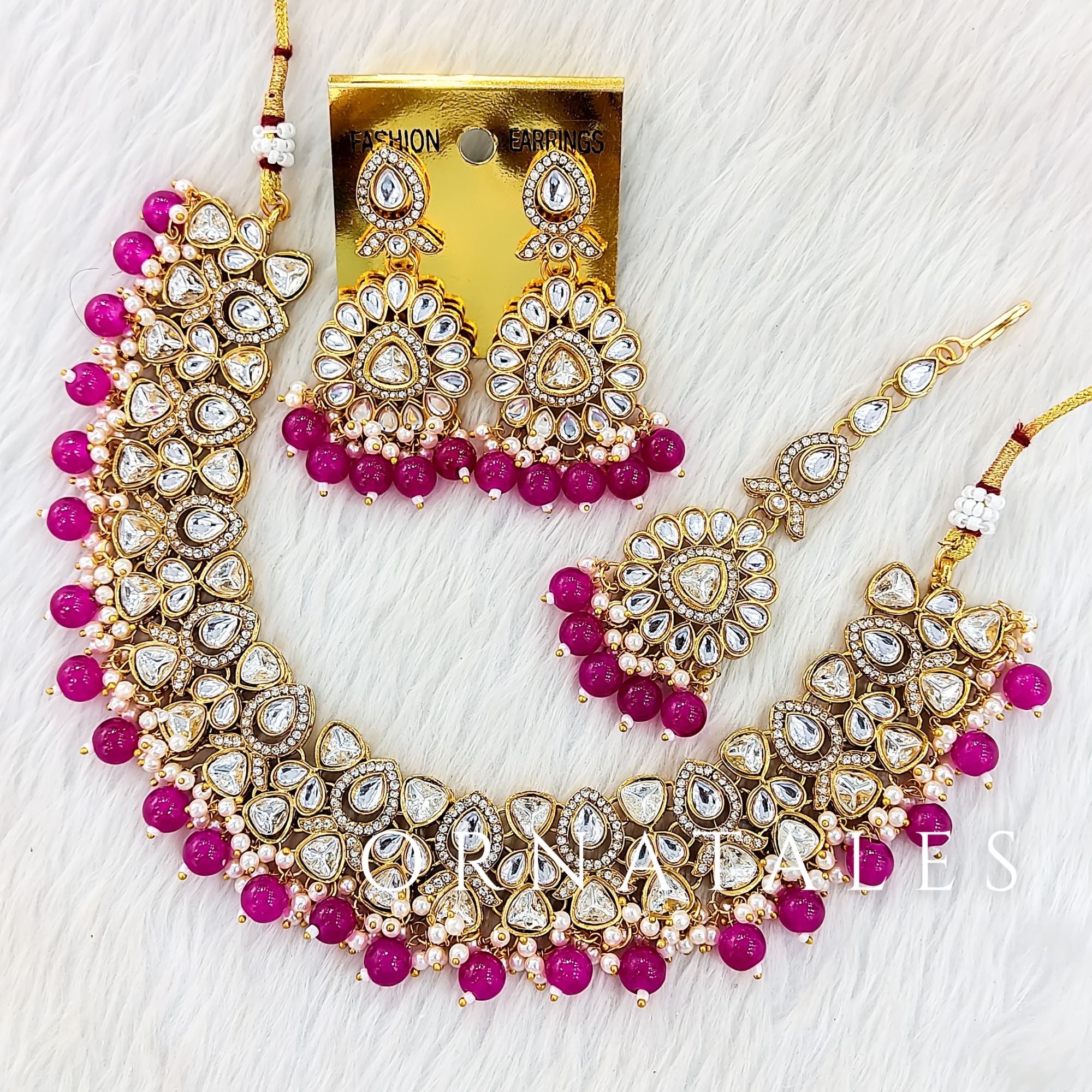 Royal Pink Pearl Kundan Necklace Set featuring Nawab Elegance design with round & teardrop kundan and pearl borders – Perfect for Bridal & Festive Look – Ornatales