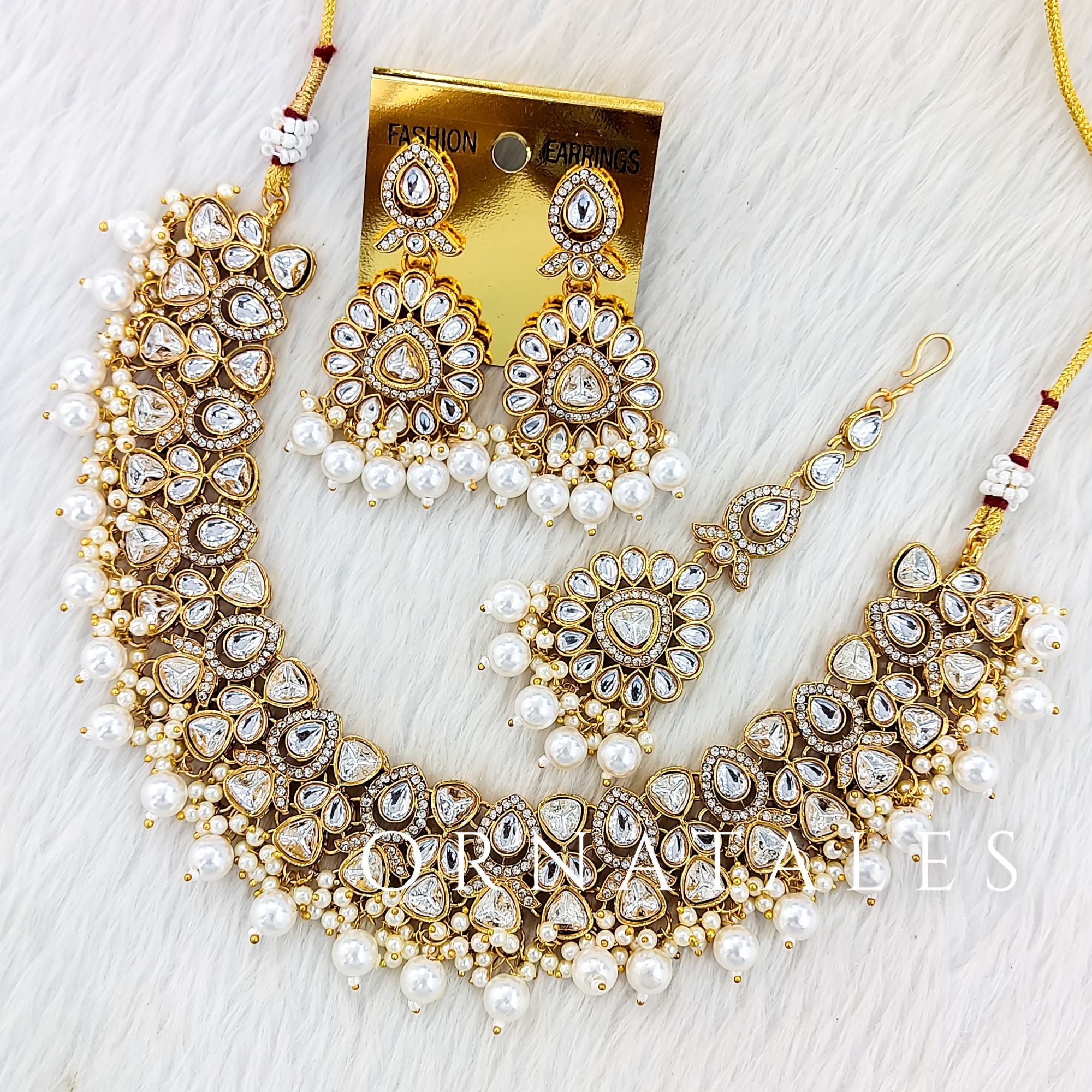 White Pearl Kundan Necklace Set featuring Nawab Elegance design with round & teardrop kundan and pearl borders – Perfect for Bridal & Festive Look – Ornatales