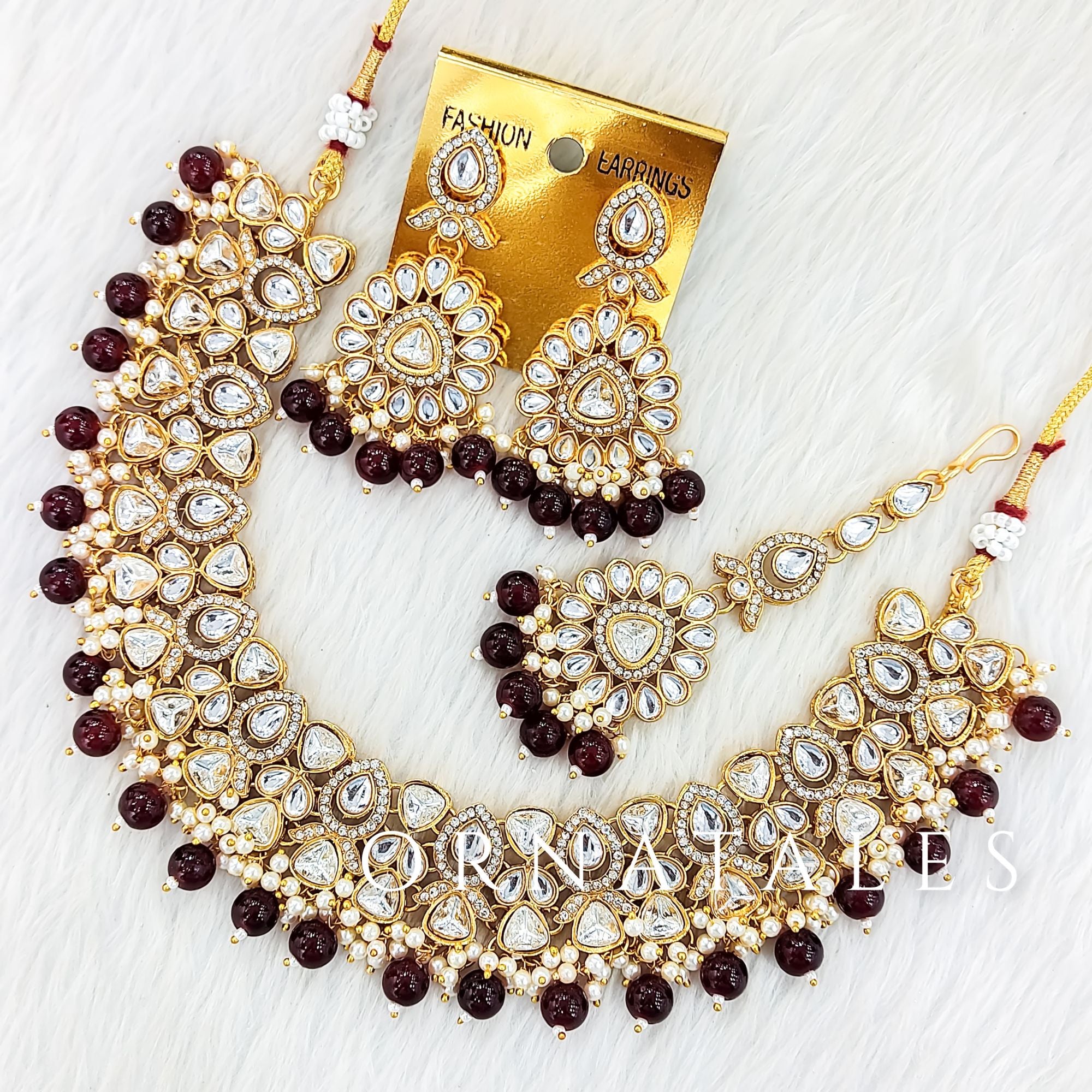Maroon Pearl Kundan Necklace Set featuring Nawab Elegance design with round & teardrop kundan and pearl borders – Perfect for Bridal & Festive Look – Ornatales