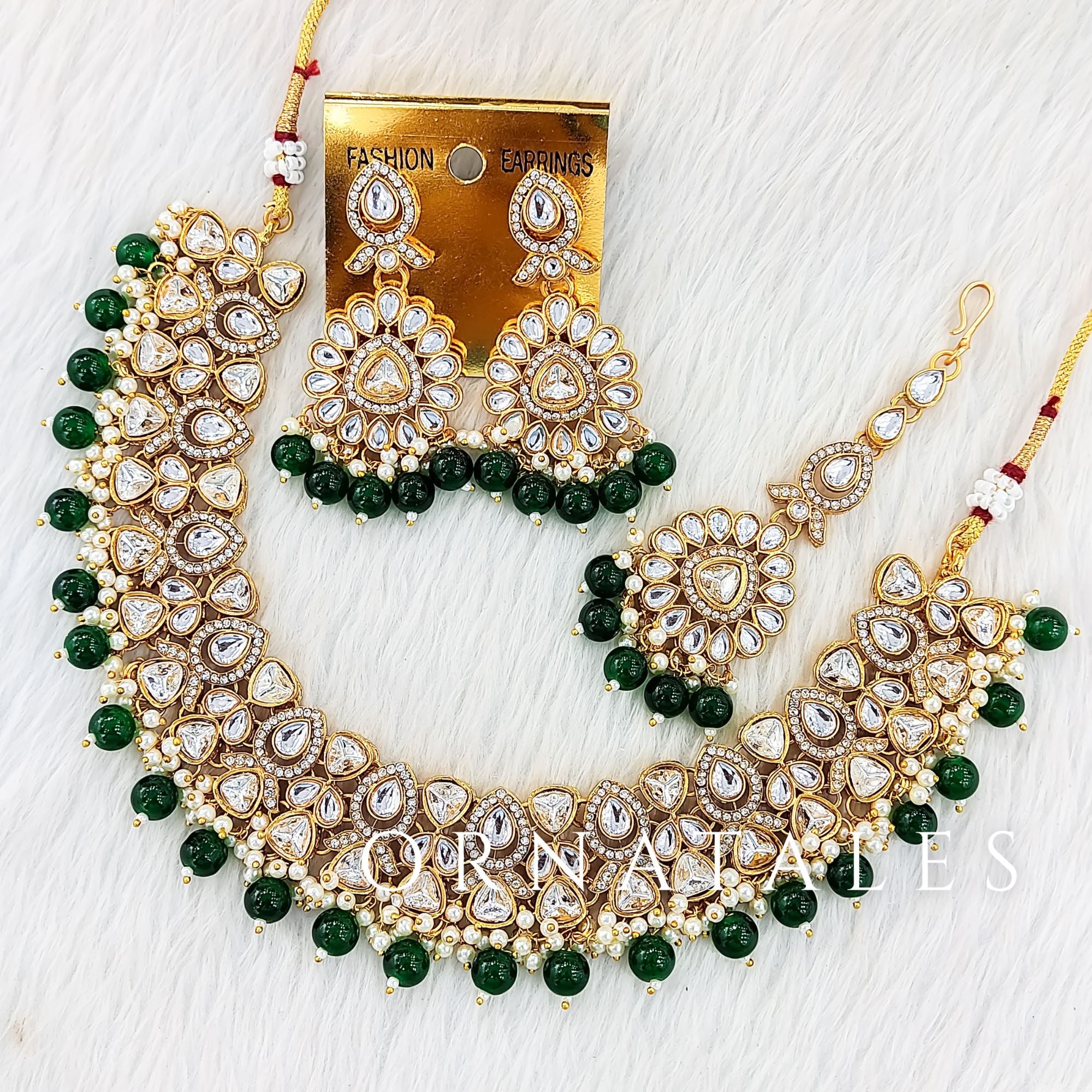 Emerald Green Pearl Kundan Necklace Set featuring Nawab Elegance design with round & teardrop kundan and pearl borders – Perfect for Bridal & Festive Look – Ornatales