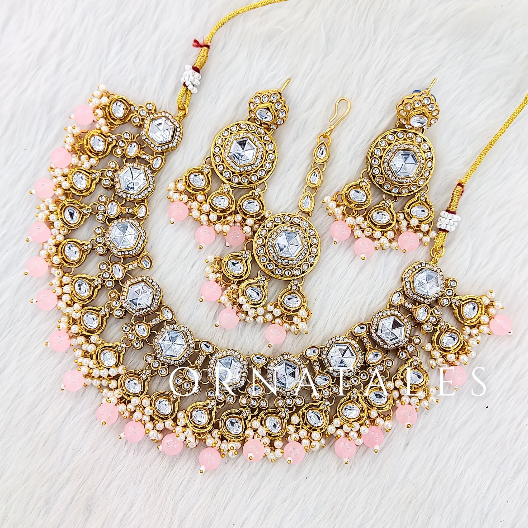 Soft Pink Pearl Kundan Necklace Set featuring Imperial Harmony Band design with symmetrical kundan & pearl pattern – Perfect for Bridal & Festive Look – Ornatales