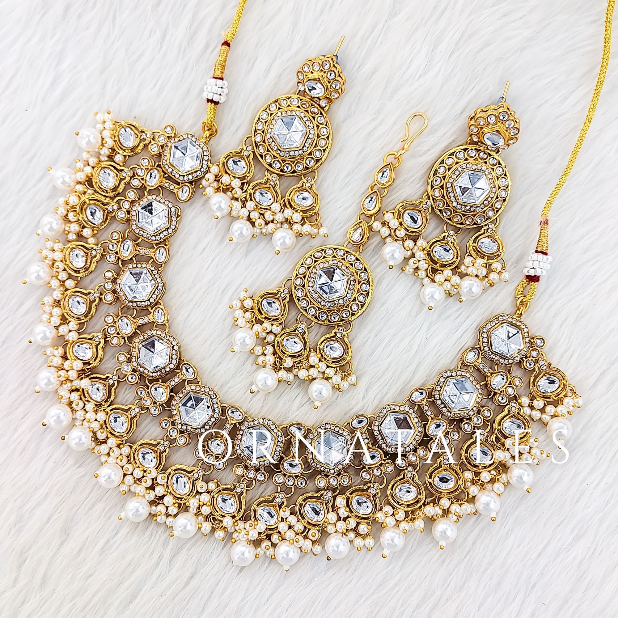 White Pearl Kundan Necklace Set featuring Imperial Harmony Band design with symmetrical kundan & pearl pattern – Perfect for Bridal & Festive Look – Ornatales