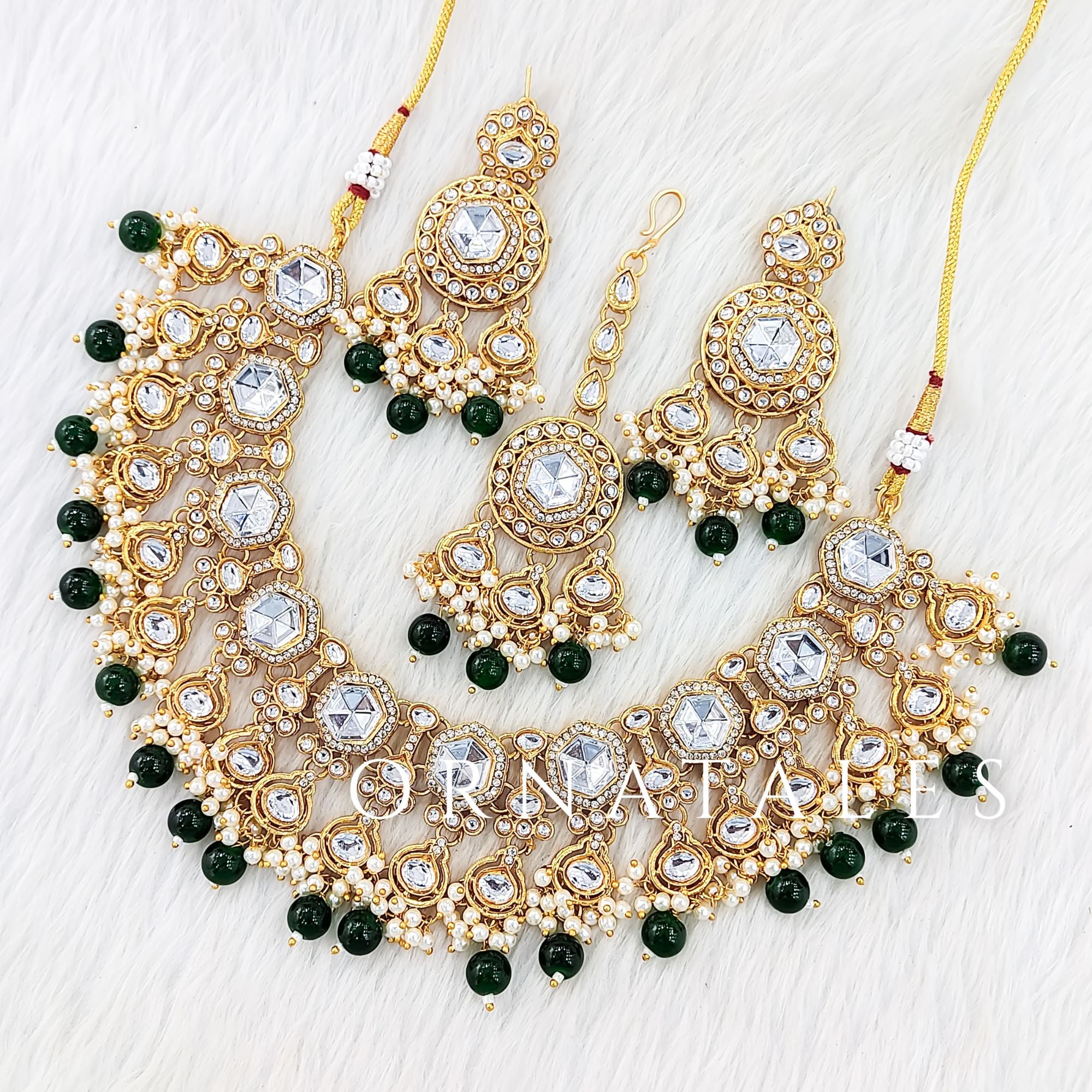 Emerald Green Pearl Kundan Necklace Set featuring Imperial Harmony Band design with symmetrical kundan & pearl pattern – Perfect for Bridal & Festive Look – Ornatales