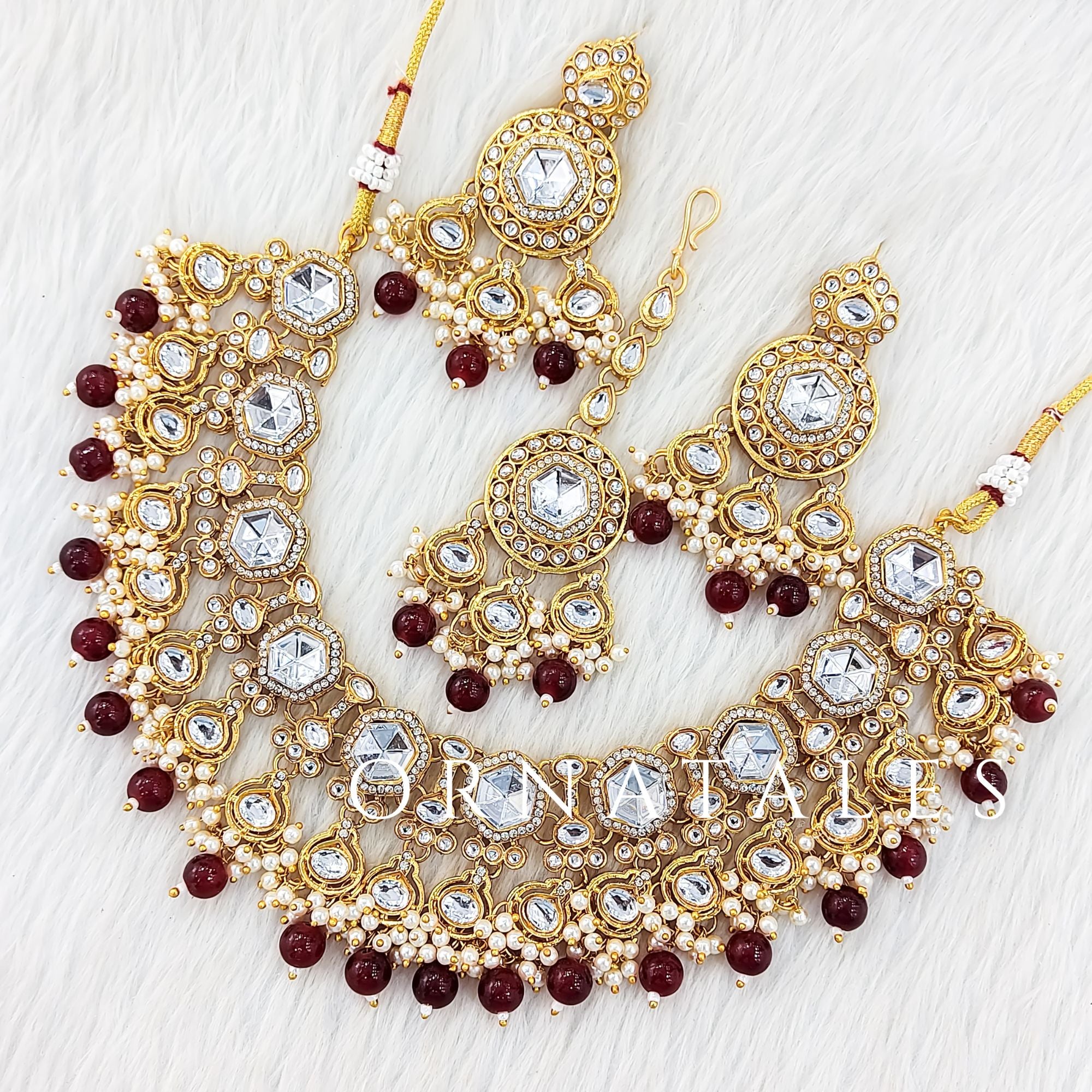 Maroon Pearl Kundan Necklace Set featuring Imperial Harmony Band design with symmetrical kundan & pearl pattern – Perfect for Bridal & Festive Look – Ornatales