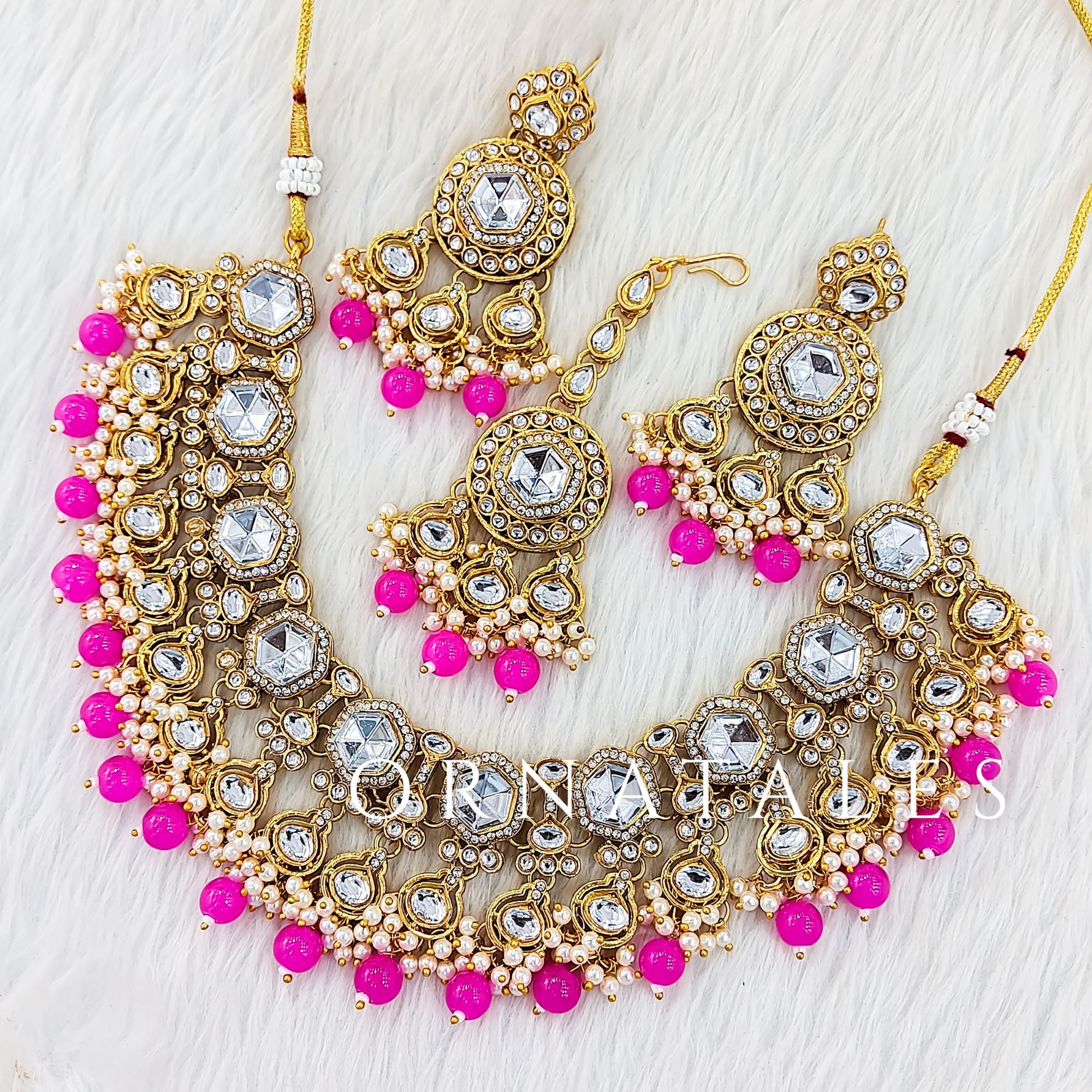 Royal Pink Pearl Kundan Necklace Set featuring Imperial Harmony Band design with symmetrical kundan & pearl pattern – Perfect for Bridal & Festive Look – Ornatales