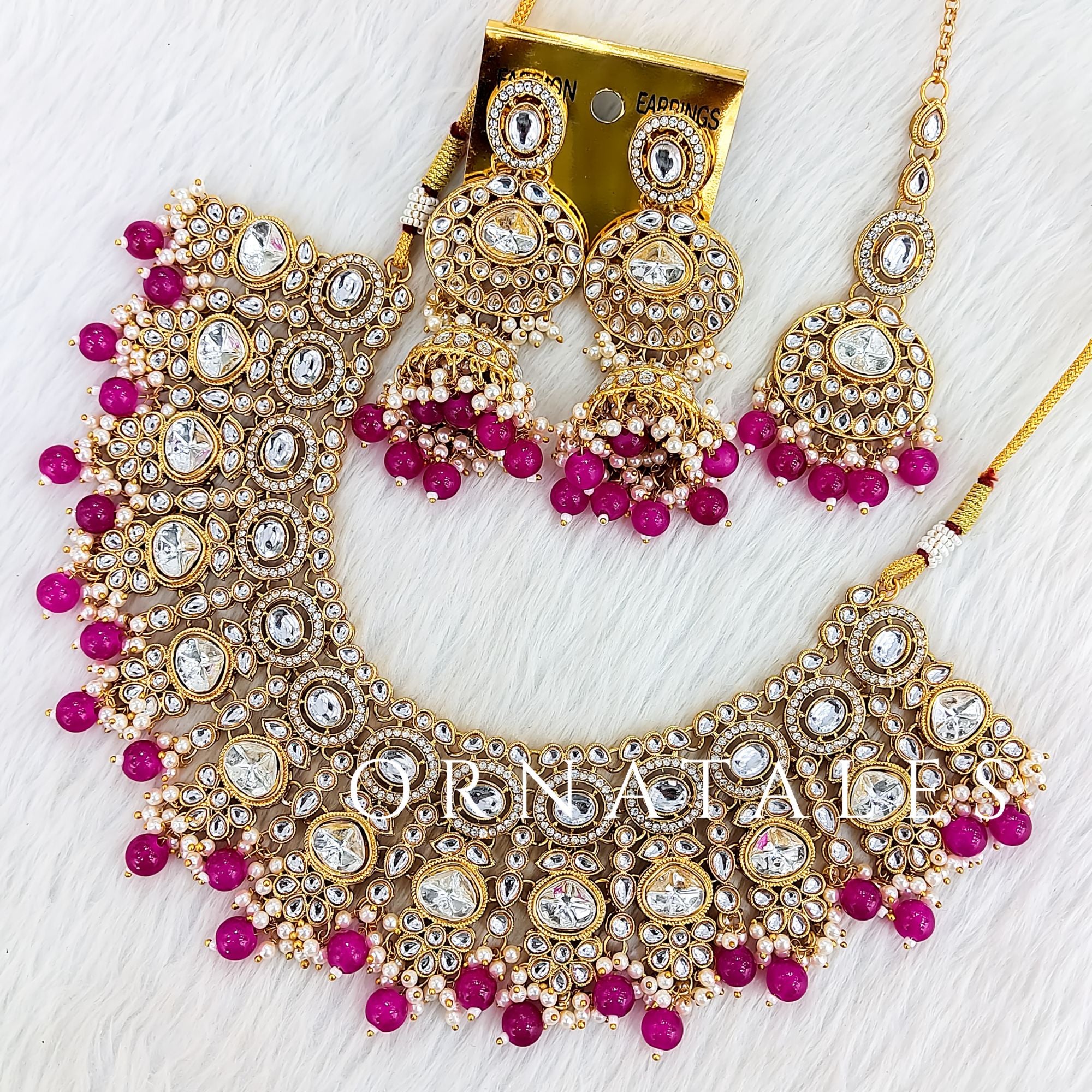Royal Pink Pearl Kundan Necklace Set featuring Regal Polki Crest design with teardrop kundan and royal pink pearls – Perfect for Bridal & Festive Look – Ornatales