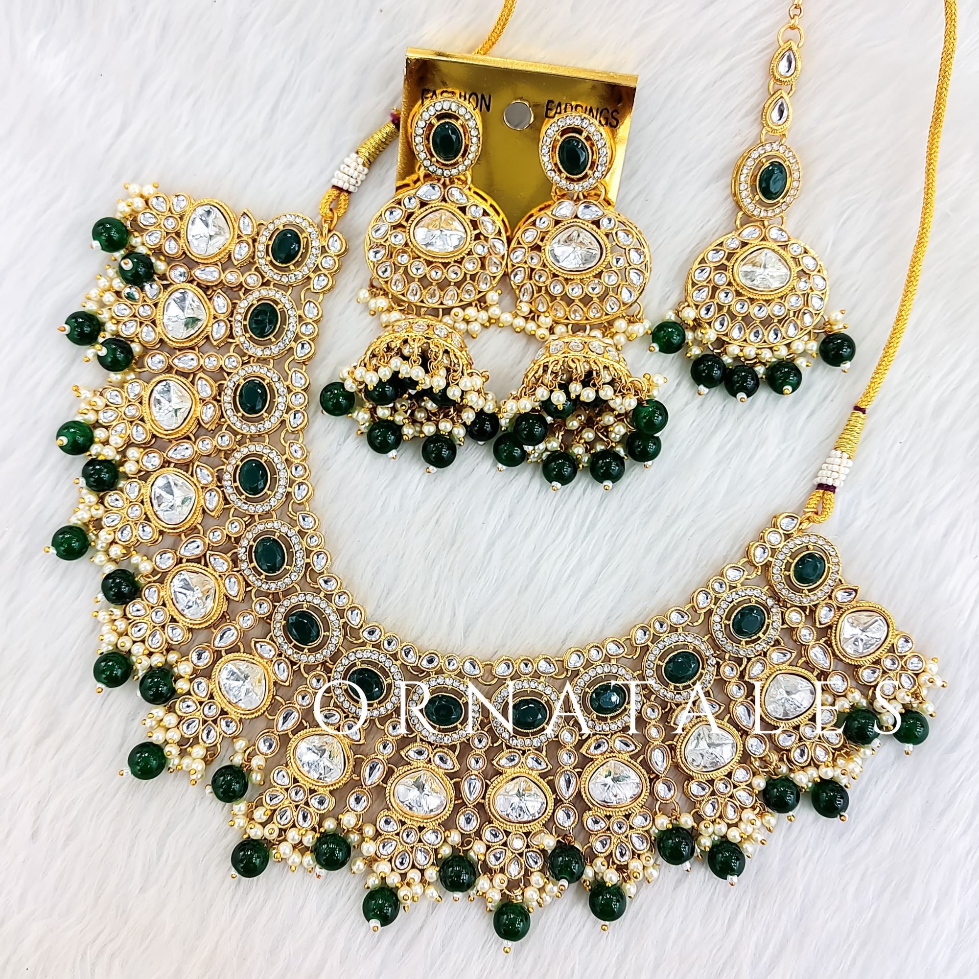 Emerald Green Pearl Kundan Necklace Set featuring Regal Polki Crest design with teardrop kundan and emerald green pearls – Perfect for Bridal & Festive Look – Ornatales