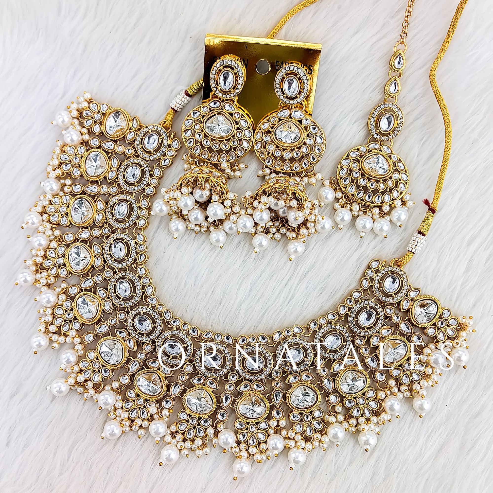 White Pearl Kundan Necklace Set featuring Regal Polki Crest design with teardrop kundan and white pearls – Perfect for Bridal & Festive Look – Ornatales