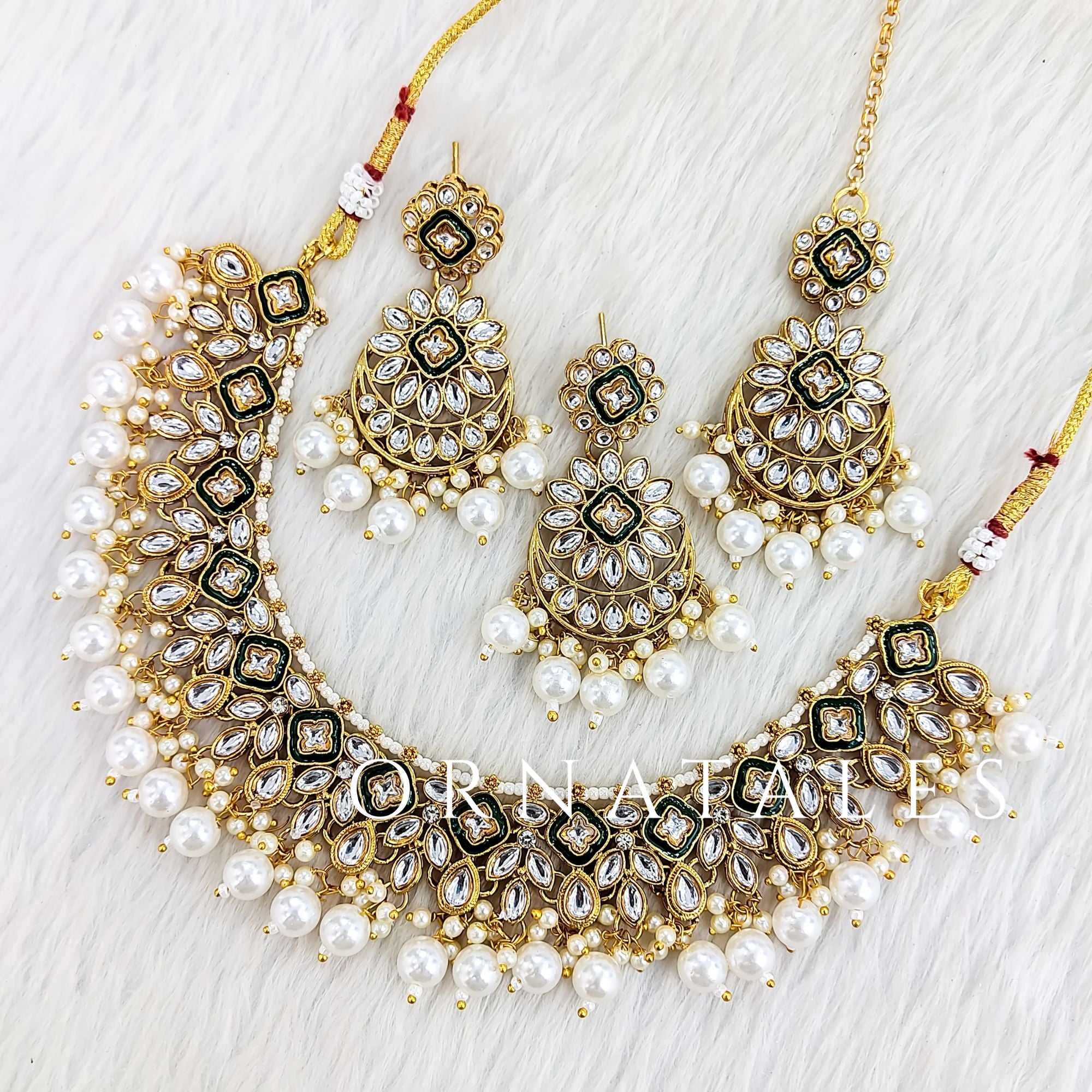 White Pearl Kundan Necklace Set featuring Temple Grace Ensemble design with kundan, pearl & colored stones – Perfect for Bridal & Festive Look – Ornatales