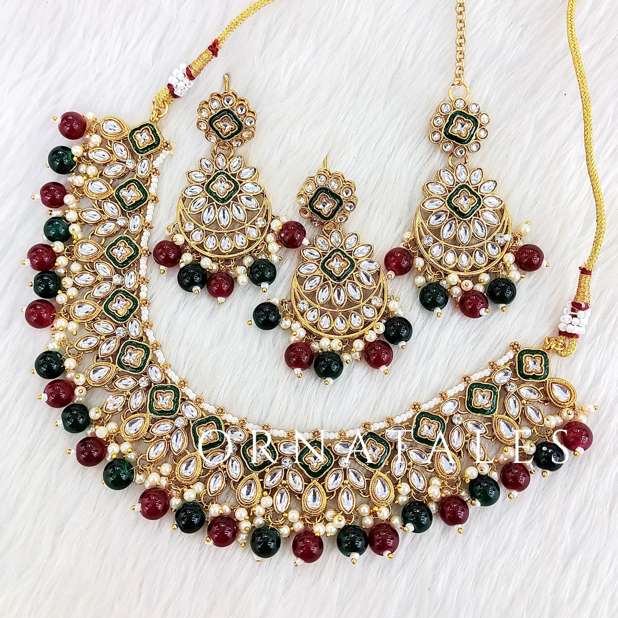Emerald Green & Maroon Pearl Kundan Necklace Set featuring Temple Grace Ensemble design with kundan, pearl & colored stones – Perfect for Bridal & Festive Look – Ornatales