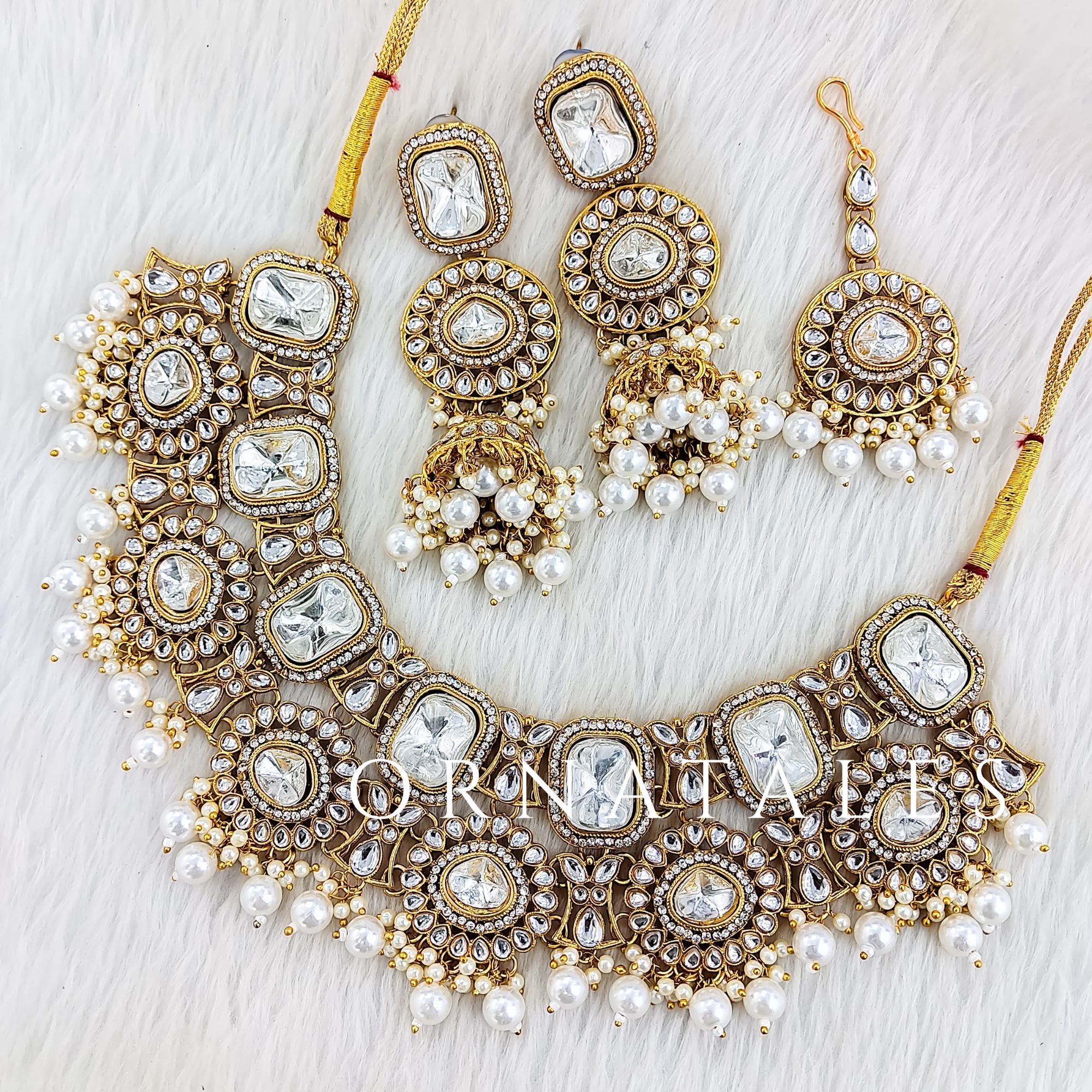 White Pearl Kundan Necklace Set featuring Royal Mirror Dome design with symmetrical kundan & dome pearl pattern – Perfect for Bridal & Festive Look – Ornatales
