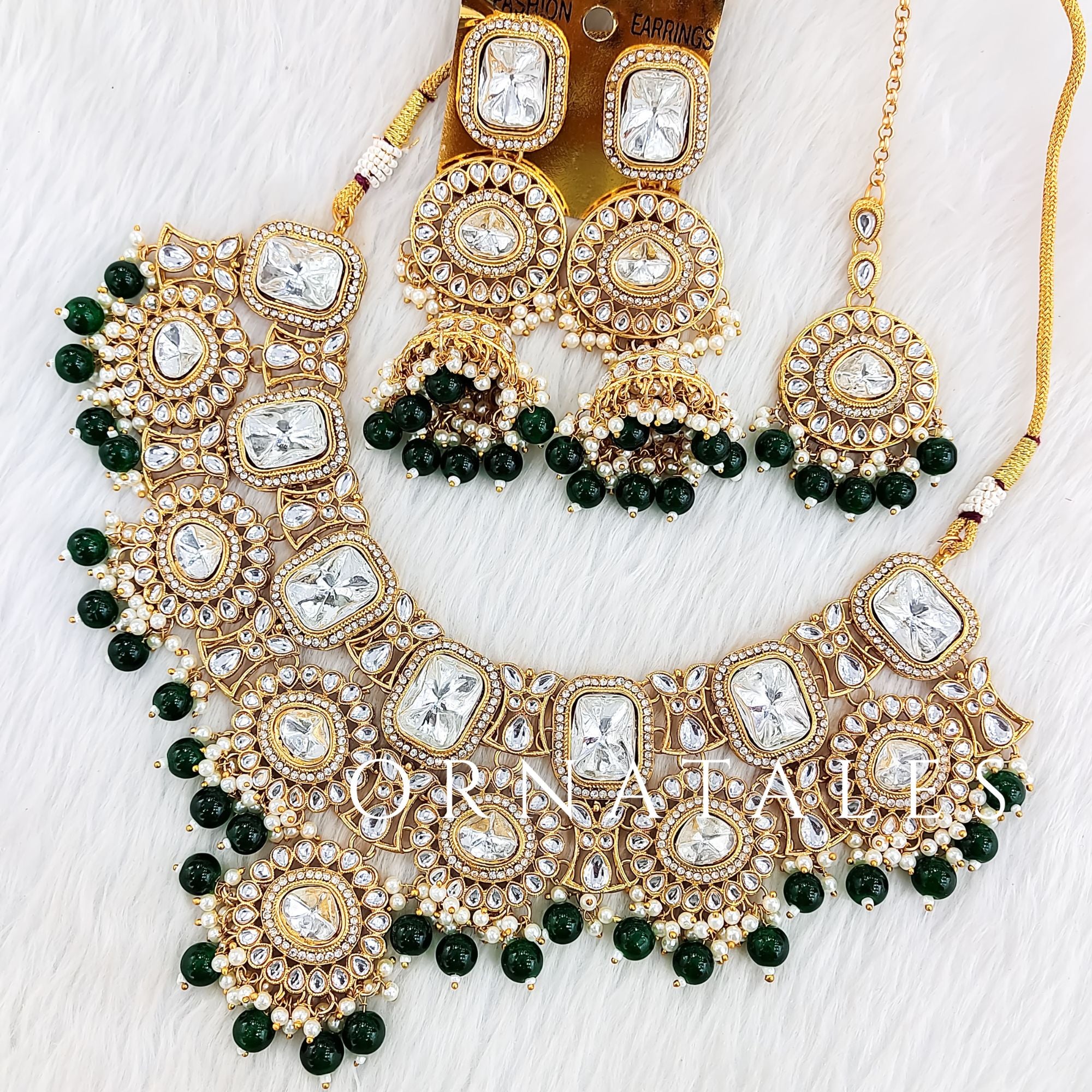 Emerald Green Pearl Kundan Necklace Set featuring Heritage Polki Dome design with circular kundan stones and emerald green pearl fringe – Perfect for Bridal & Festive Look – Ornatales