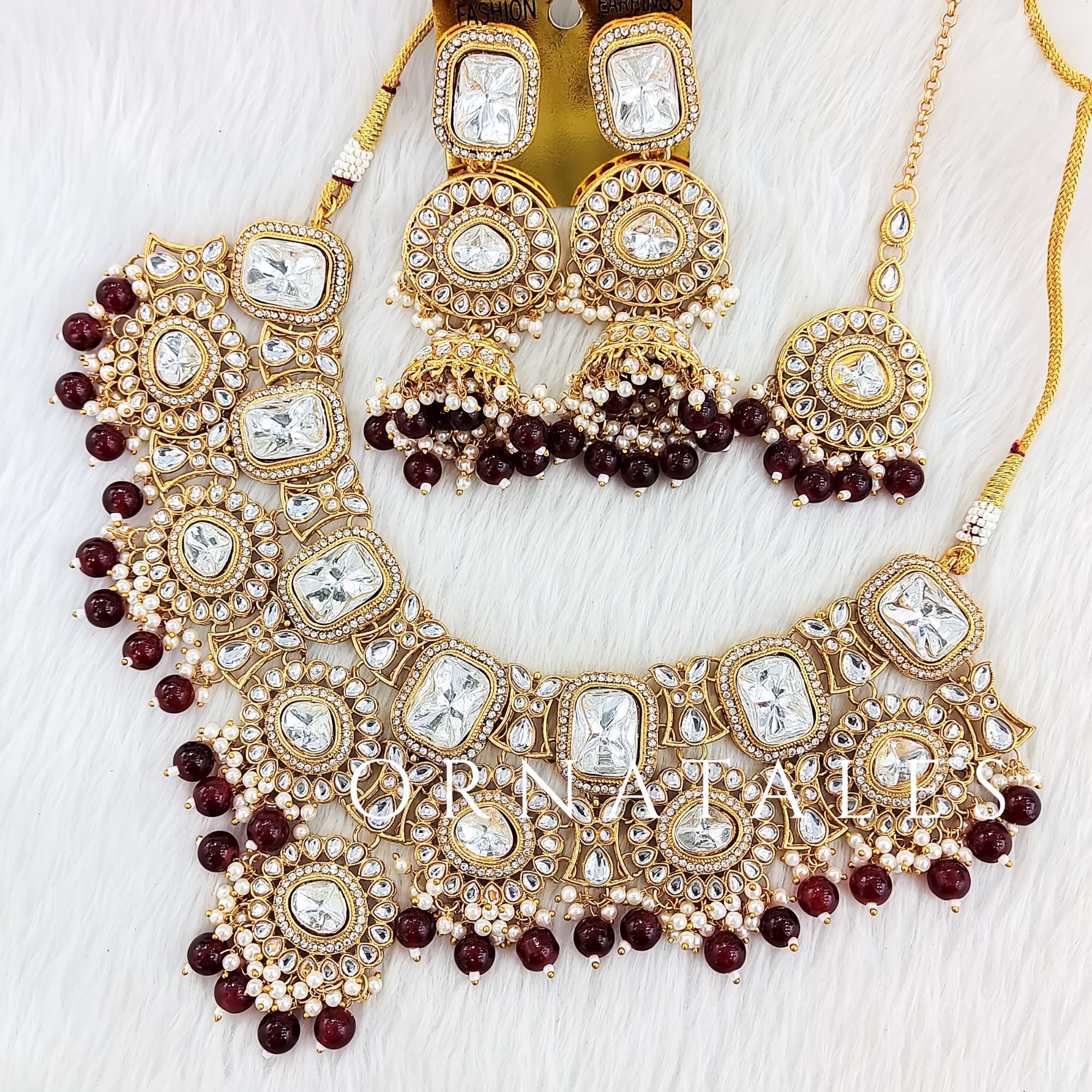 Maroon Pearl Kundan Necklace Set featuring Heritage Polki Dome design with circular kundan stones and maroon pearl fringe – Perfect for Bridal & Festive Look – Ornatales