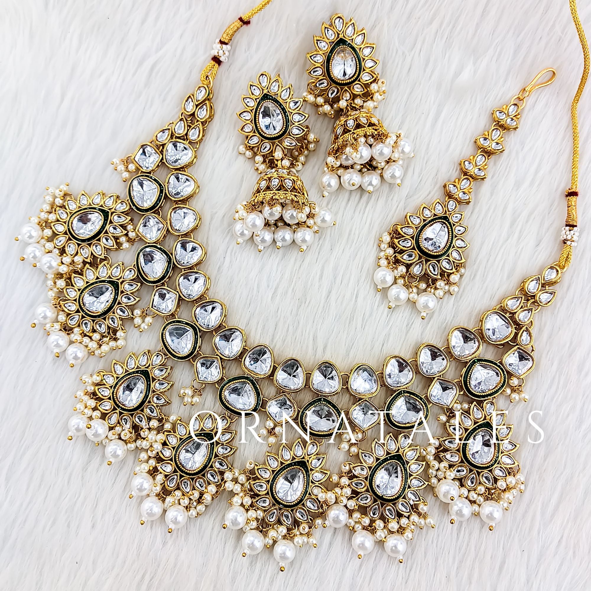 White Pearl Kundan Necklace Set featuring Royal Petal Layer design with floral kundan detailing & pearl borders – Ideal for brides & festive wear – Ornatales