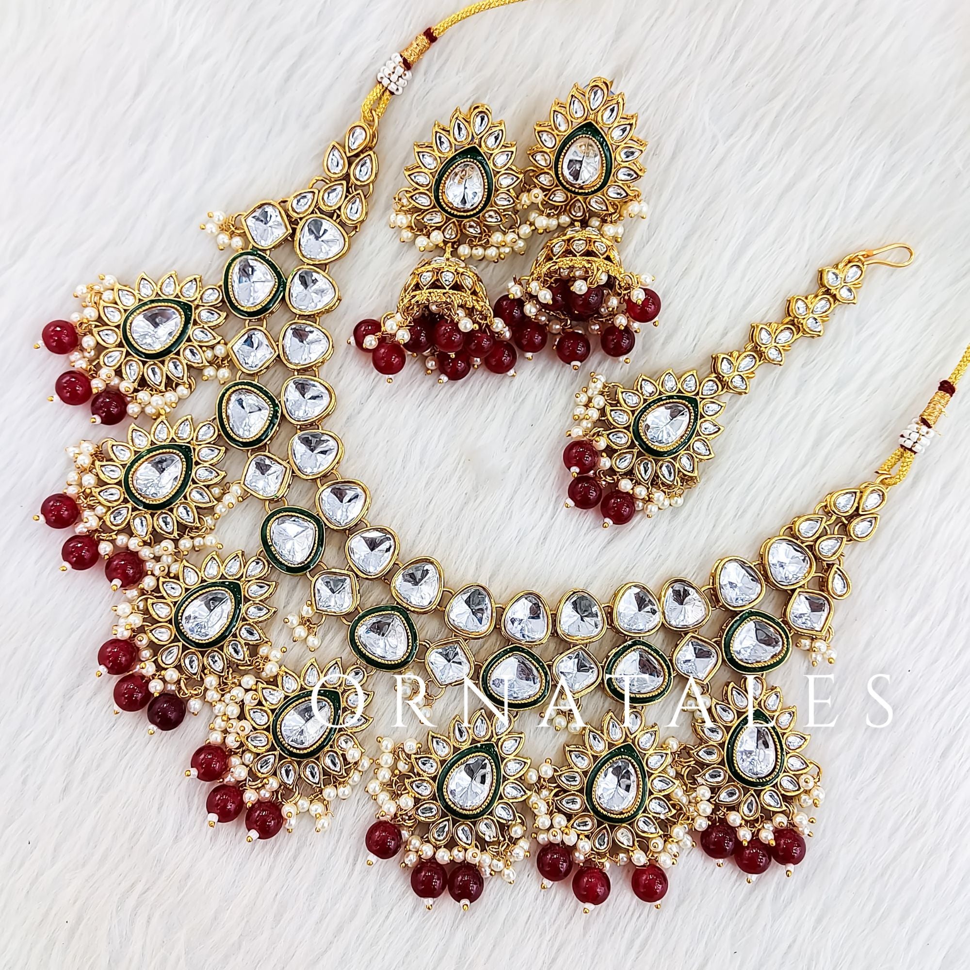 Maroon Pearl Kundan Necklace Set featuring Royal Petal Layer design with kundan stones & maroon pearls – Perfect for Bridal & Festive Look – Ornatales