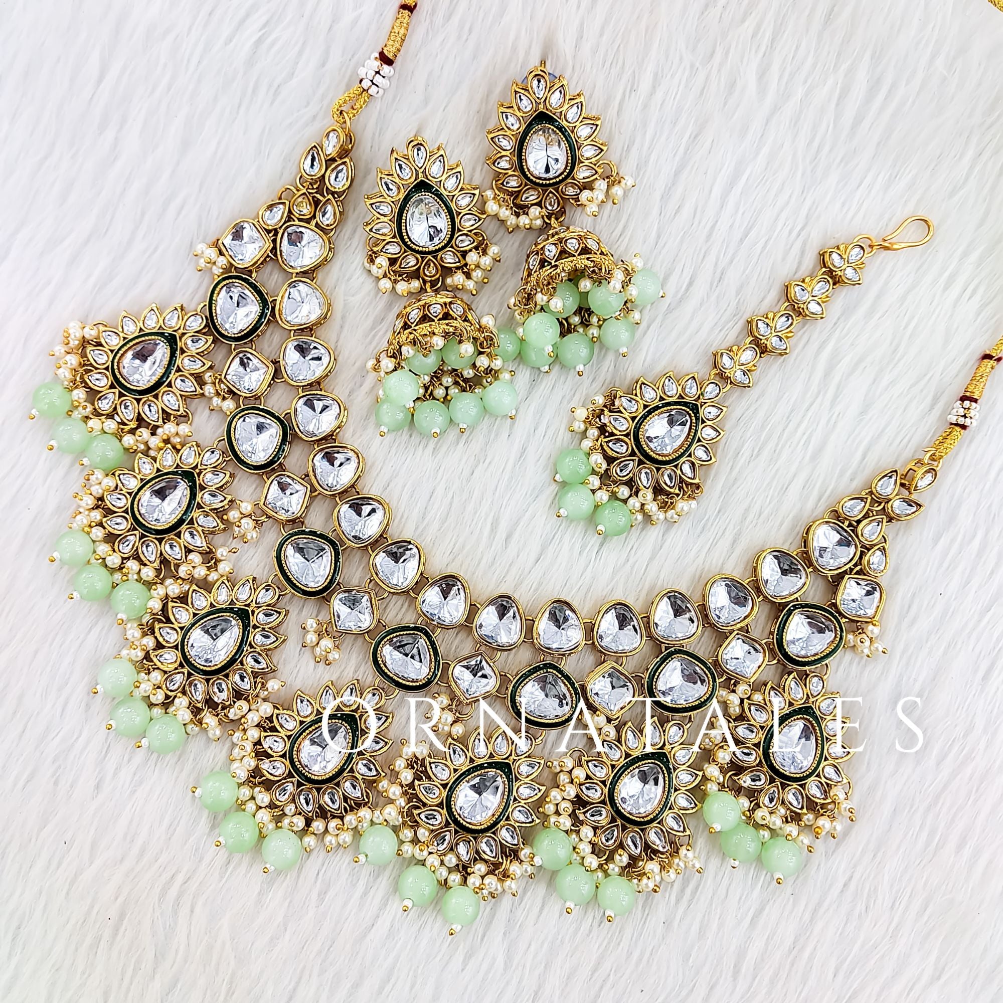 Mint Pearl Kundan Necklace Set featuring Royal Petal Layer design with kundan stones & mint pearls – Elegant bridal & festive jewellery – Ornatales