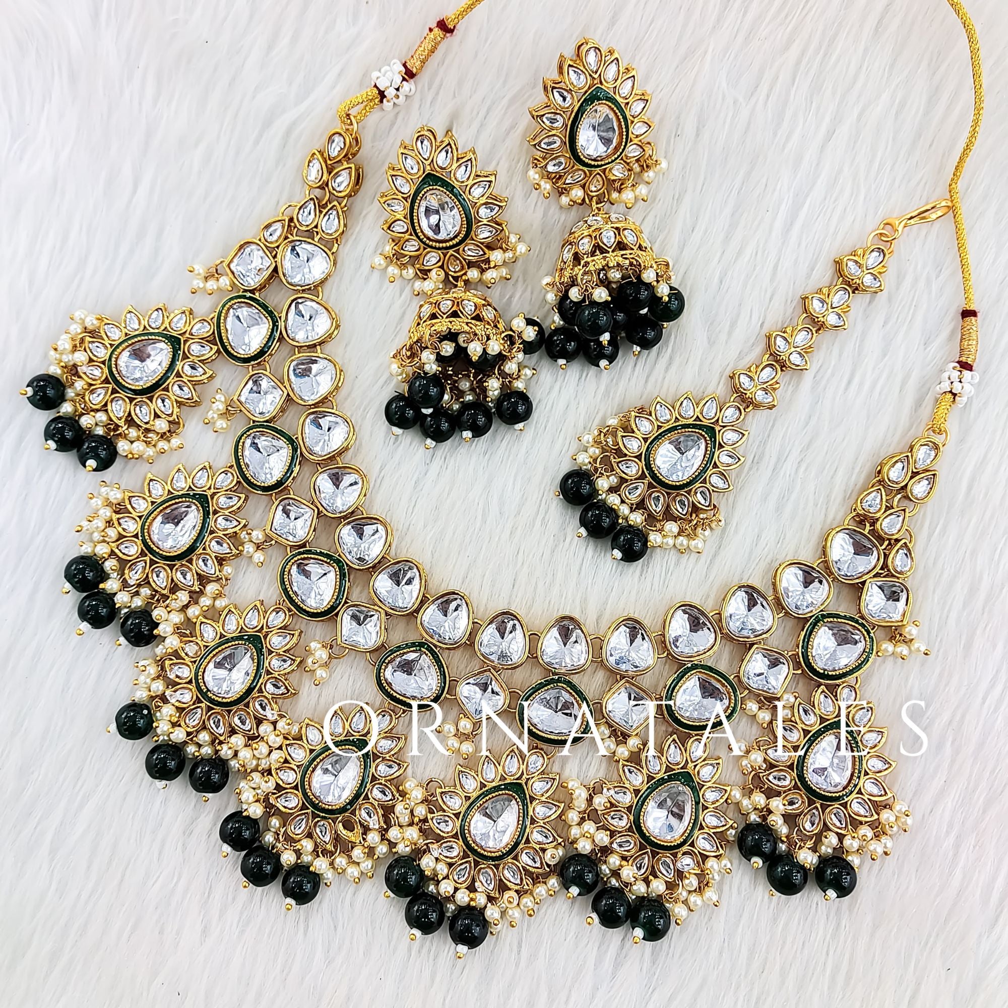 Emerald Green Pearl Kundan Necklace Set featuring Royal Petal Layer design with kundan stones & emerald green pearls – Perfect for Bridal & Festive Look – Ornatales