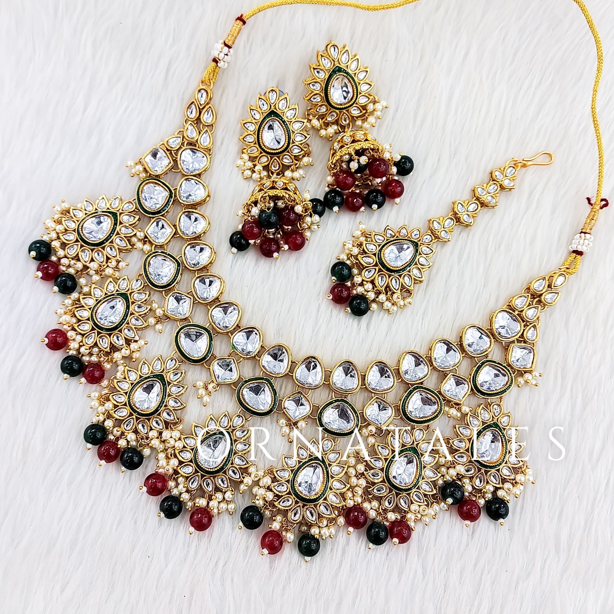 Emerald Green & Maroon Pearl Kundan Necklace Set featuring Royal Petal Layer design with kundan stones & alternating emerald green and maroon pearls – Perfect for Bridal & Festive Look – Ornatales