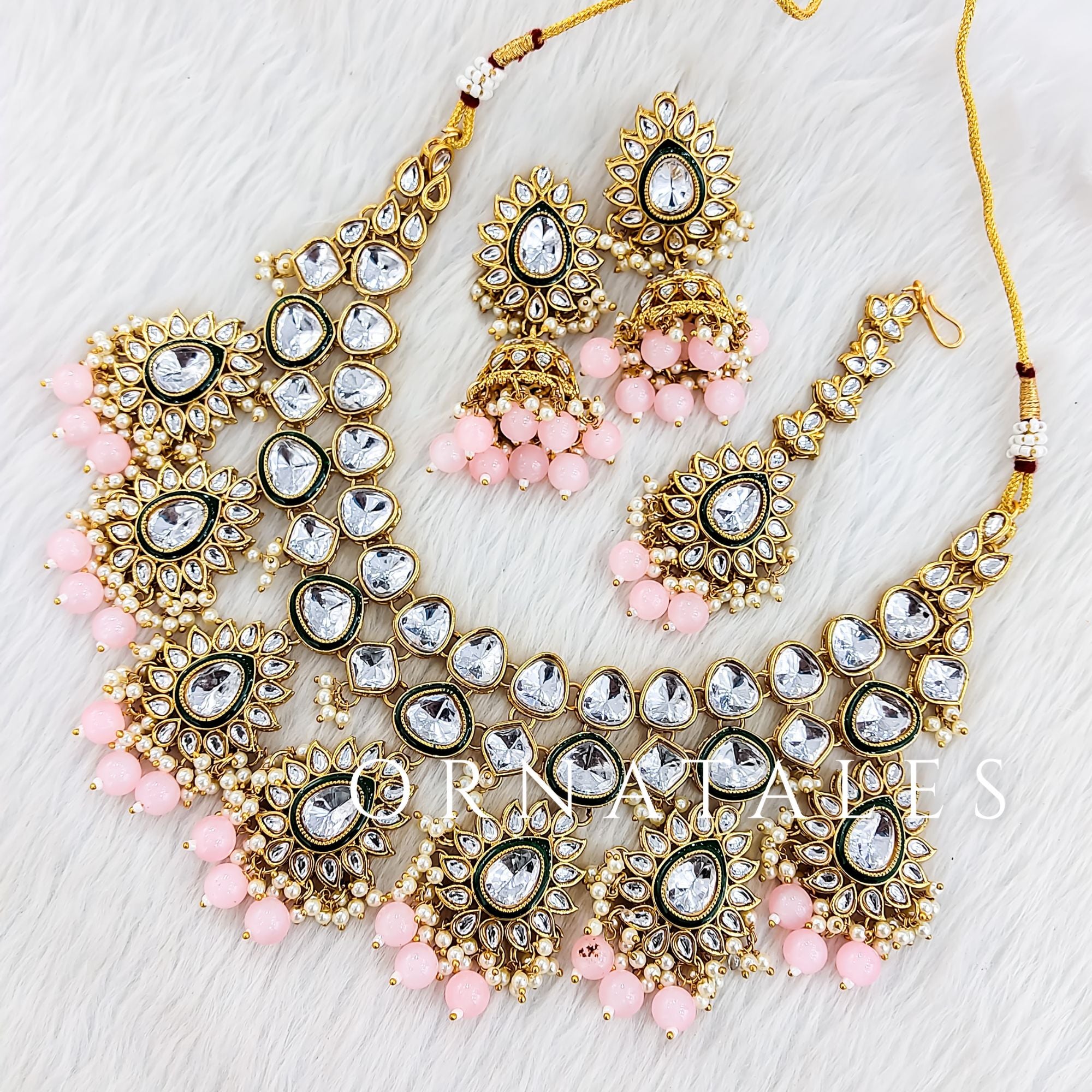 Soft Pink Pearl Kundan Necklace Set featuring Royal Petal Layer design with kundan stones & pastel pink pearls – Elegant bridal & festive jewellery – Ornatales