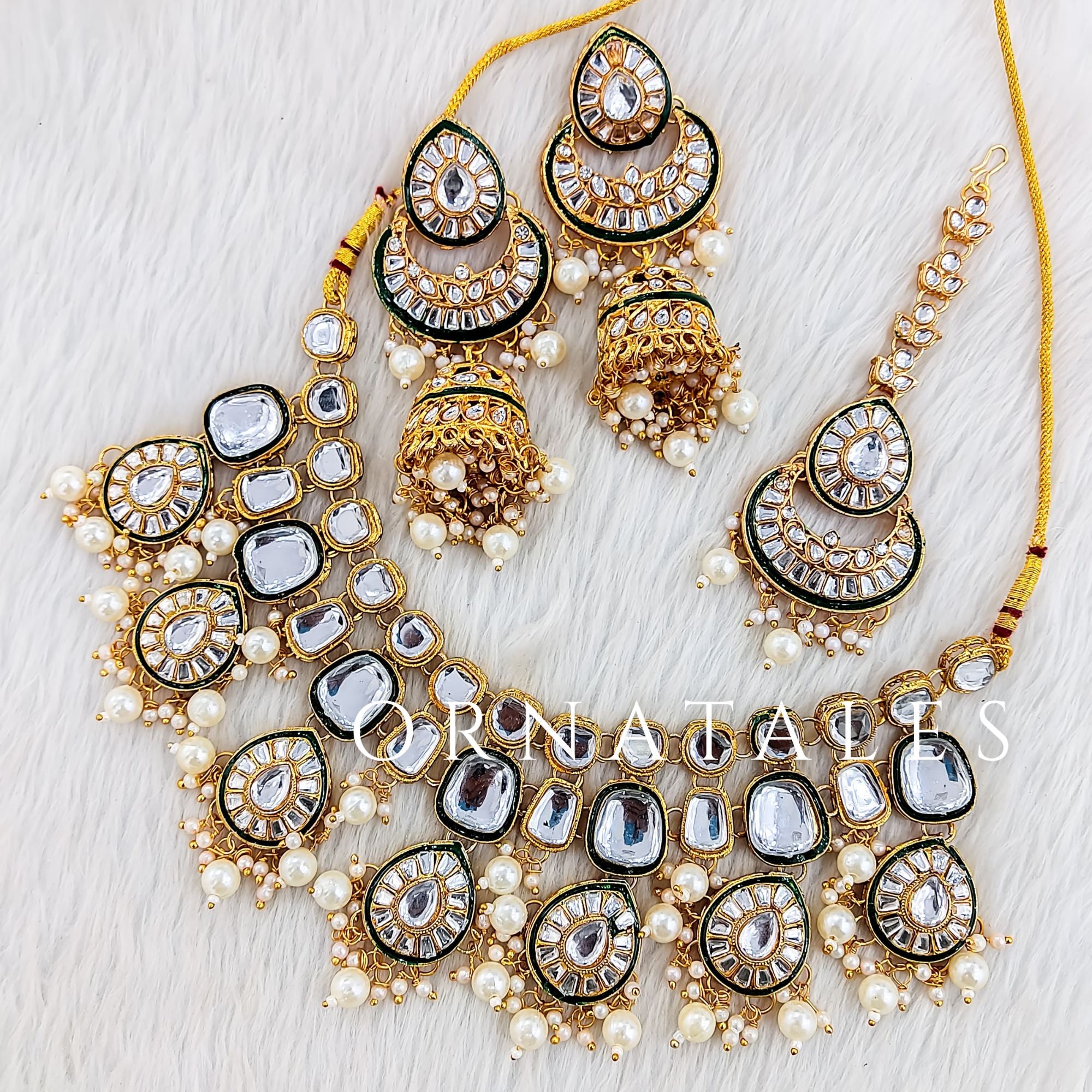 White Pearl Kundan Necklace Set featuring Polki Teardrop Layer design with kundan detailing & pearl drops – Perfect for bridal elegance – Ornatales