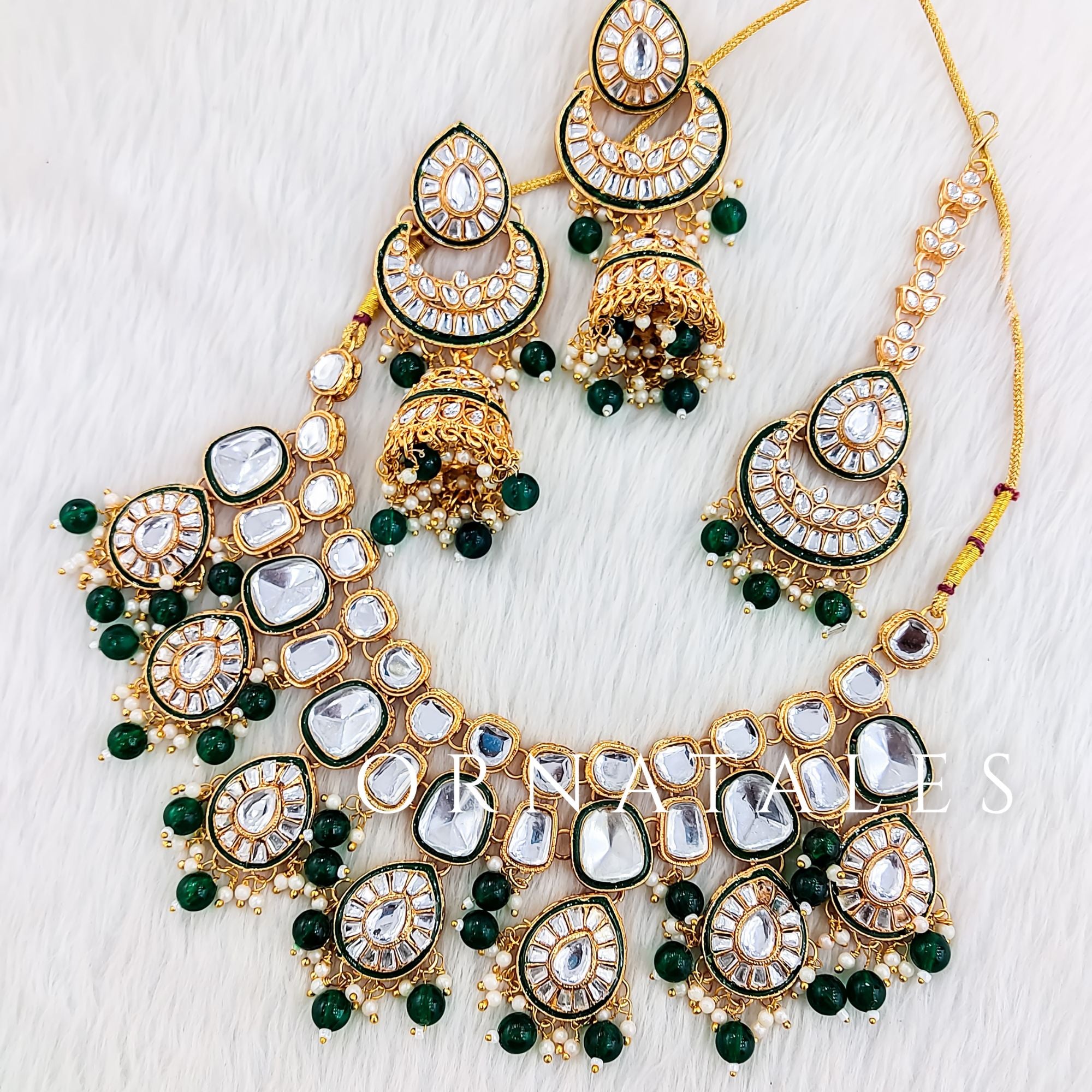 Emerald Green Pearl Kundan Necklace Set featuring Polki Teardrop Layer design with hanging green pearls – Ideal for bridal & festive wear – Ornatales