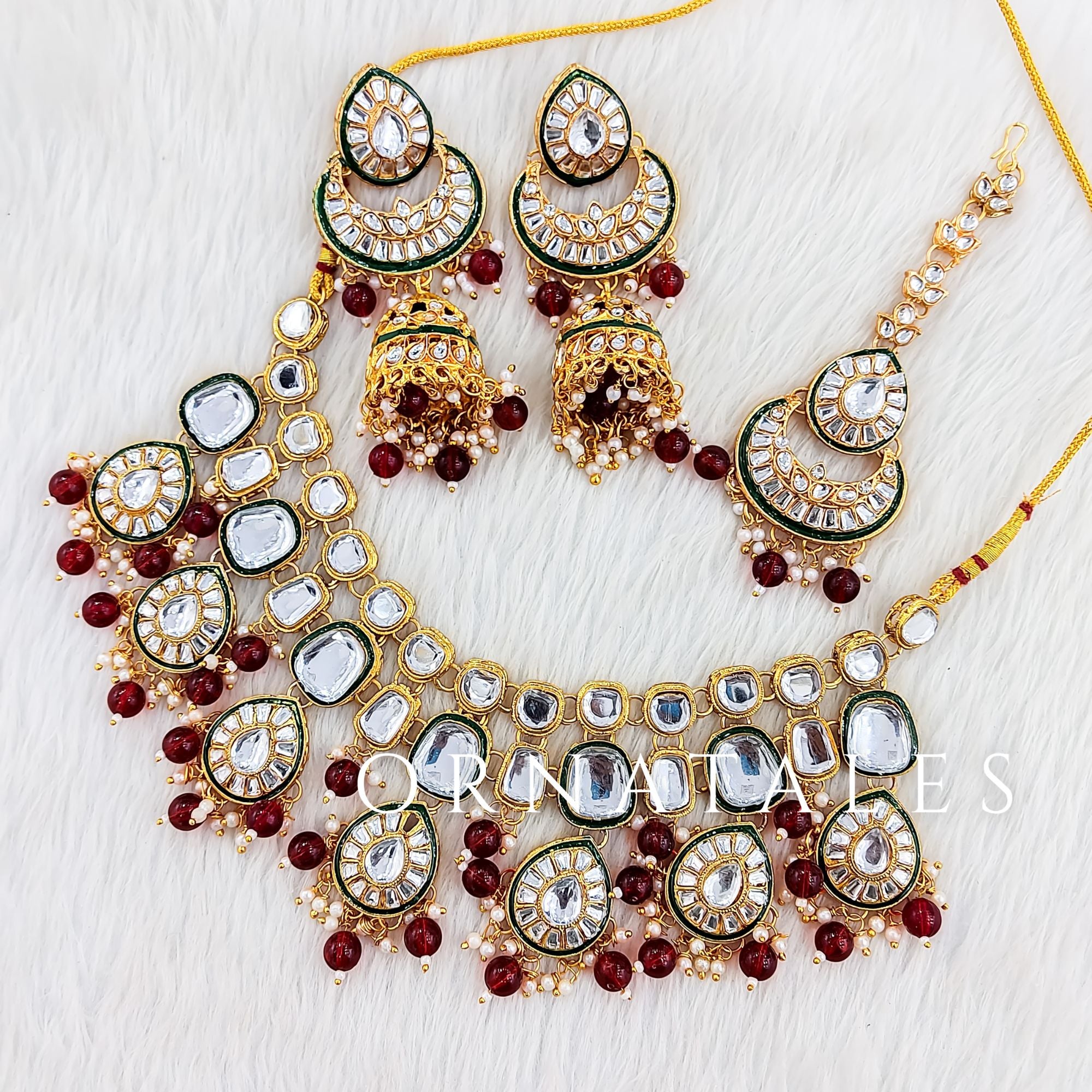 Maroon Pearl Kundan Necklace Set featuring Polki Teardrop Layer design with hanging pearls – Perfect bridal jewellery set – Ornatales
