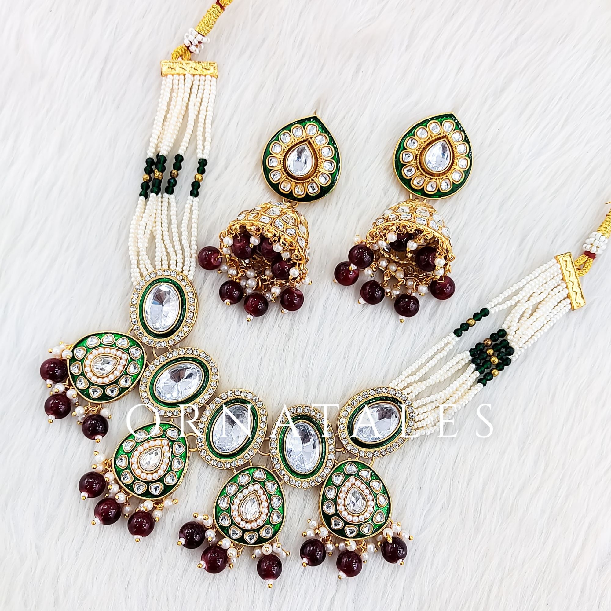 Maroon Pearl Kundan Necklace Set featuring Meenakari Oval Line design with green-bordered kundan stones & hanging pearls – Royal festive jewellery – Ornatales