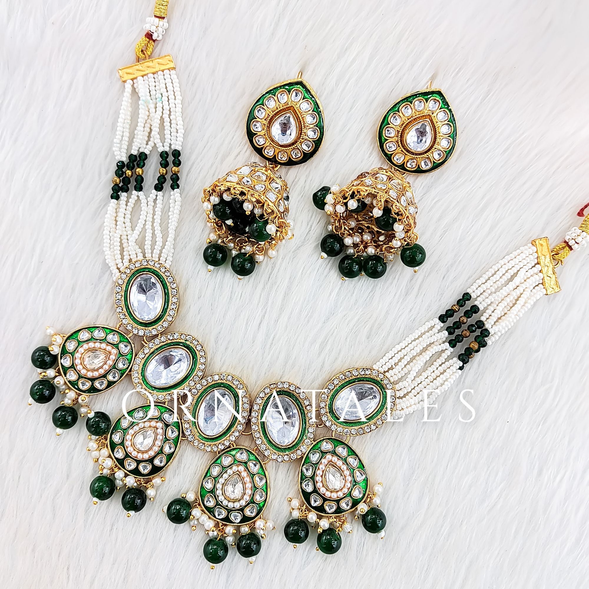 Emerald Green Pearl Kundan Necklace Set featuring Meenakari Oval Line design with green-bordered kundans & pearl drops – Regal festive jewellery – Ornatales