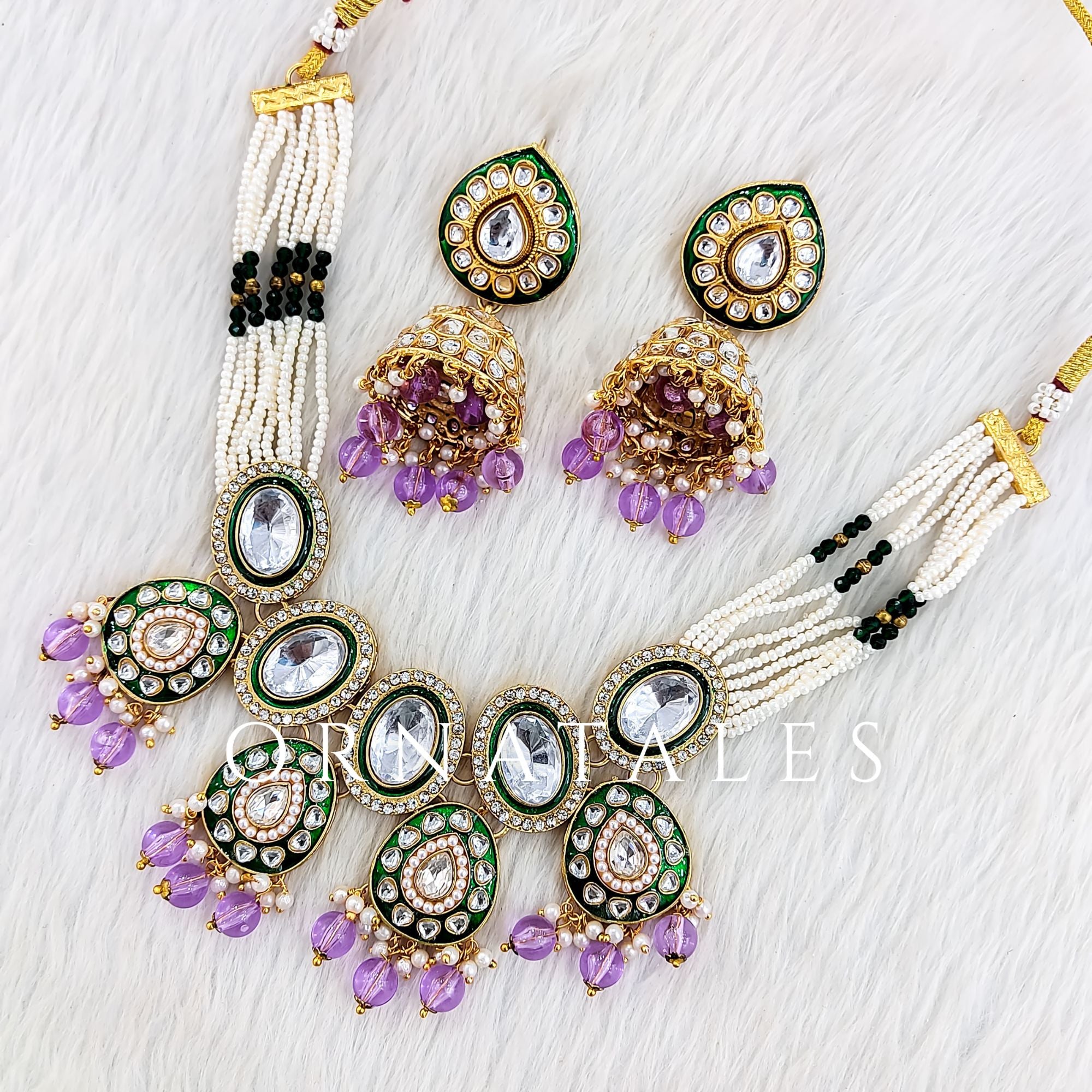 Lavender Pearl Kundan Necklace Set with Meenakari Oval Line pattern featuring oval kundans, pearl accents & lavender pearl drops – Ornatales jewellery