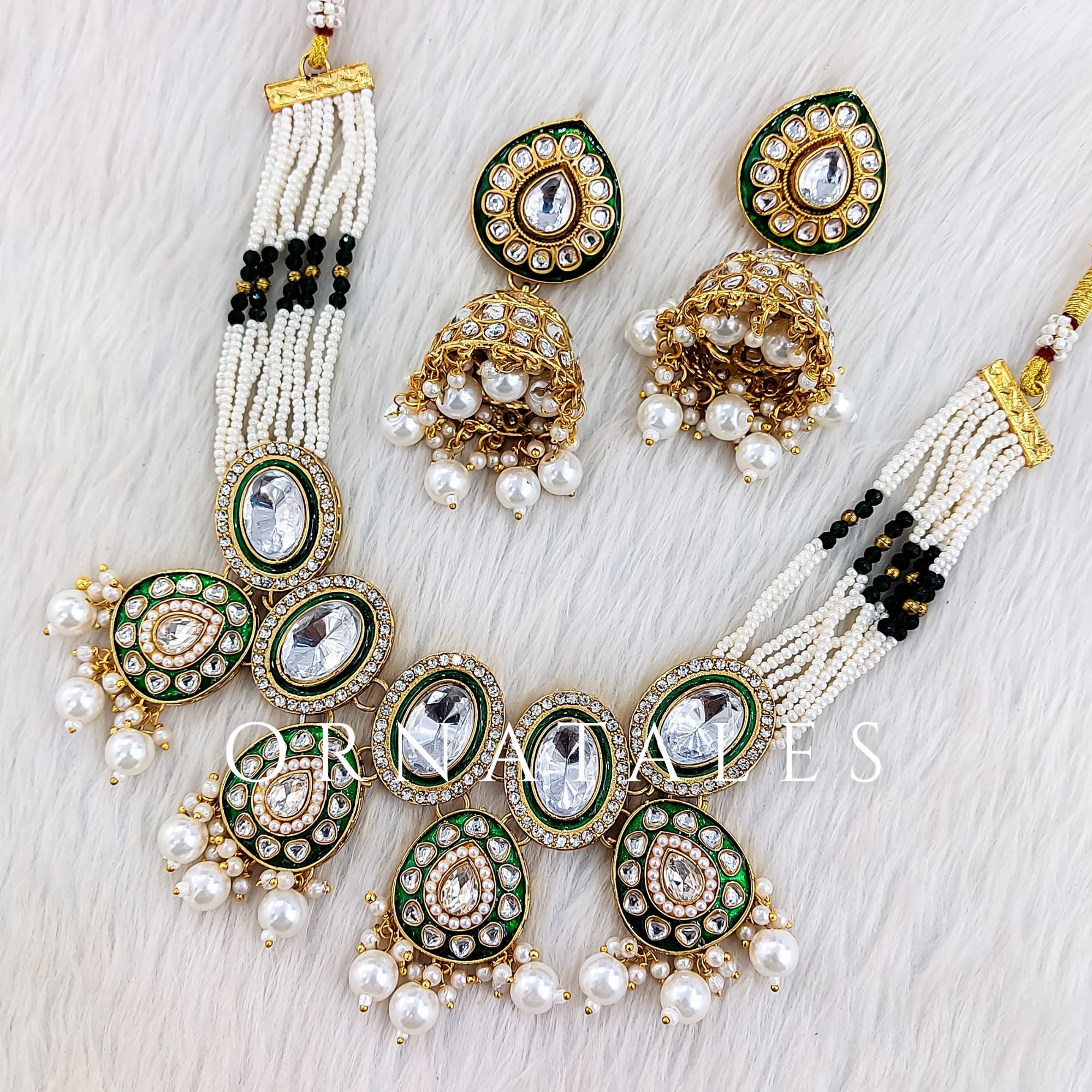 White Pearl Kundan Necklace Set with Meenakari Oval Line pattern featuring oval kundans, white pearls & golden enamel finish – Ornatales jewellery