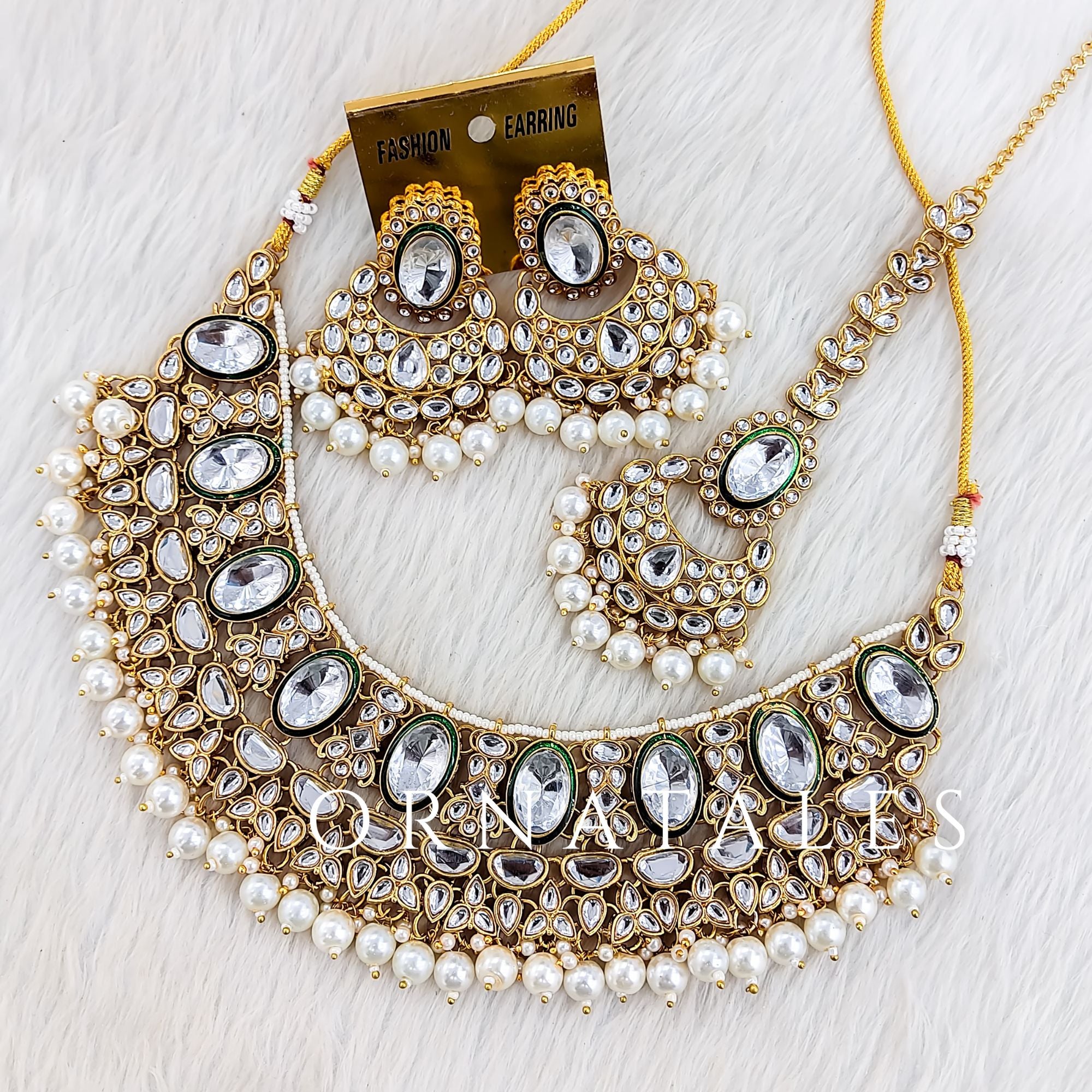 White Pearl Kundan Necklace Set featuring Polki Oval kundans with pearl border – Ideal for bridal & festive wear – Ornatales