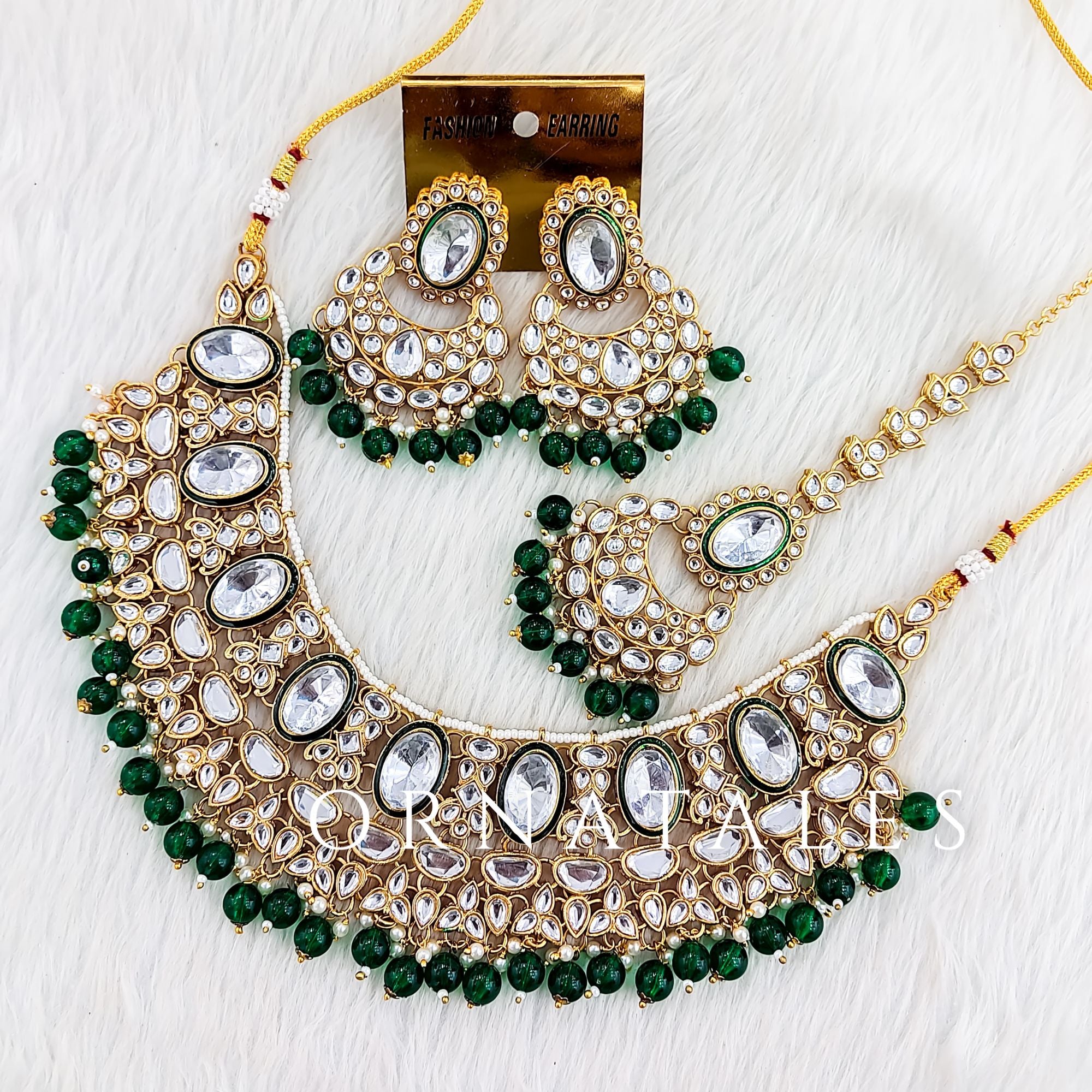 Emerald Green Pearl Kundan Necklace Set with Polki Oval stones and hanging green pearls – Ideal for weddings and festive looks – Ornatales