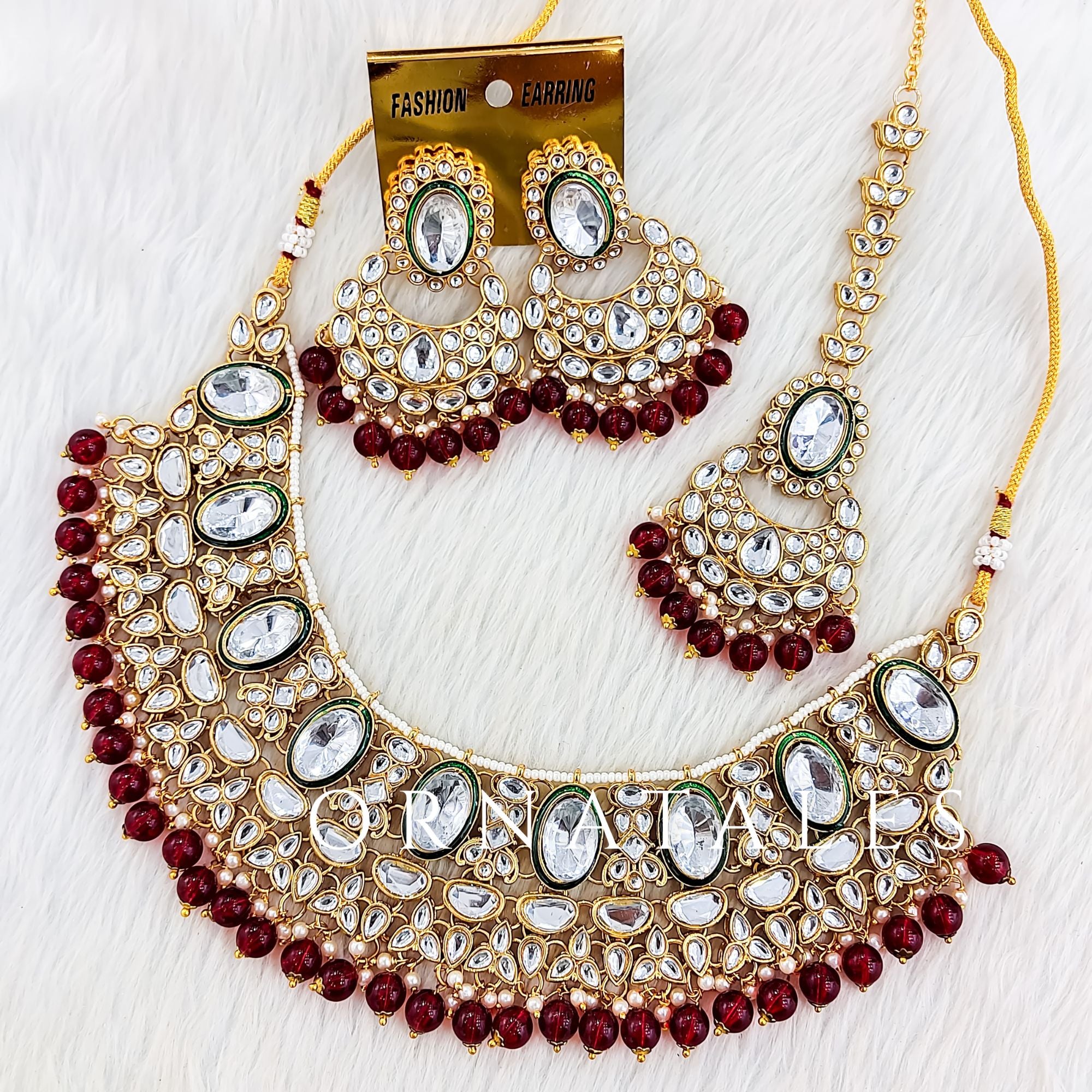 Maroon Pearl Kundan Necklace Set with Polki Oval design, featuring oval kundan stones, maroon pearls & gold finish – Ornatales jewellery