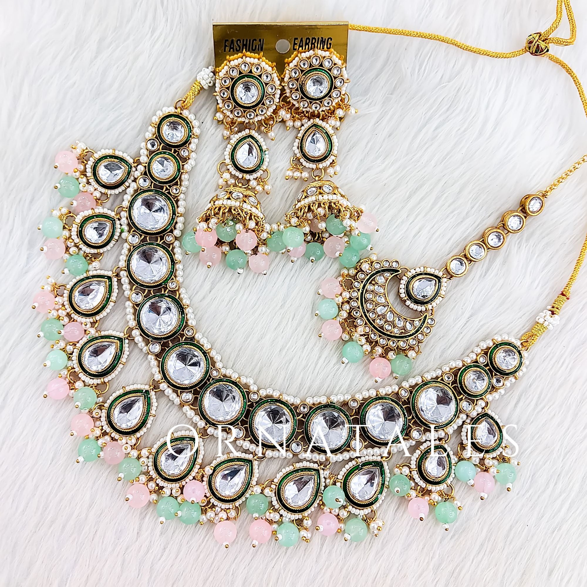Pink & Mint Pearl Kundan Necklace Set featuring Rajwada drop motif with meenakari border and pastel pearls – Perfect for weddings – Ornatales