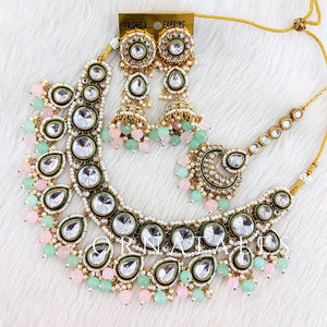 Pink & Mint Pearl Kundan Necklace Set featuring Rajwada drop motif with meenakari border and pastel pearls – Perfect for weddings – Ornatales