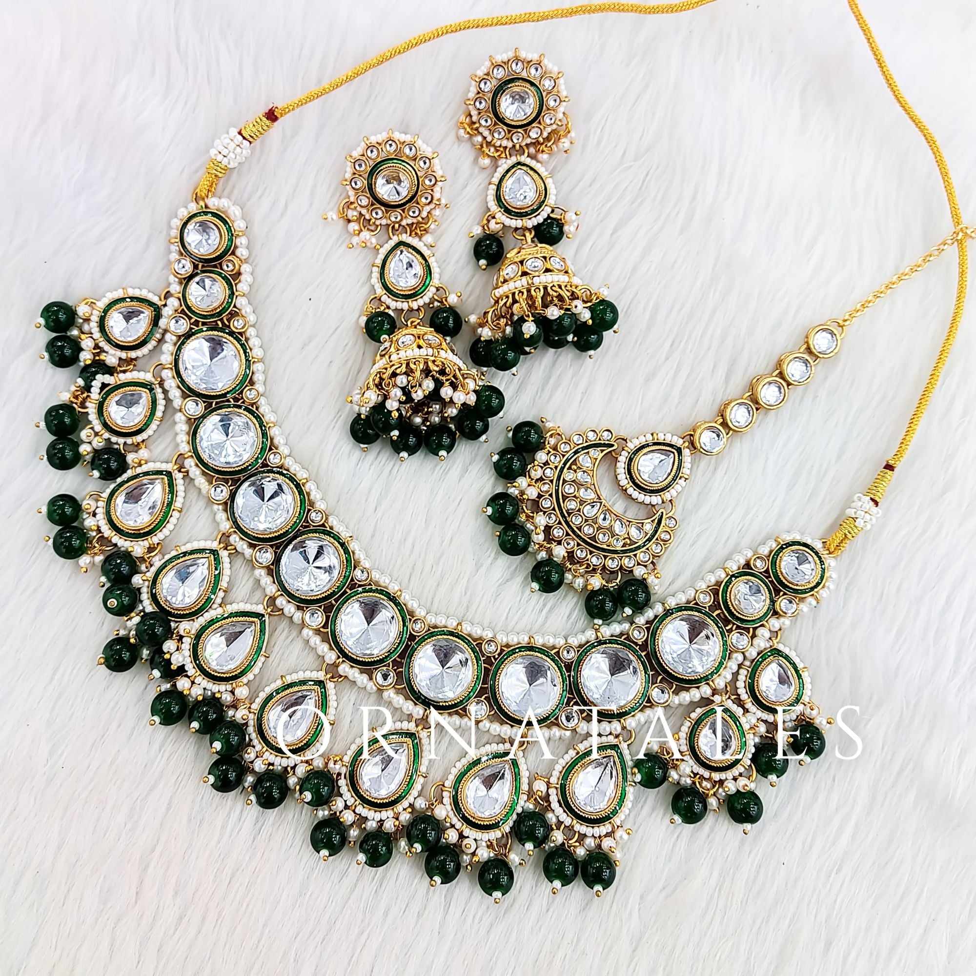 Emerald Green Pearl Kundan Necklace Set featuring Rajwada drop motif with meenakari border and pearl accents – Bridal & festive wear – Ornatales