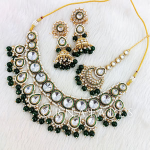 Emerald Green Pearl Kundan Necklace Set featuring Rajwada drop motif with meenakari border and pearl accents – Bridal & festive wear – Ornatales